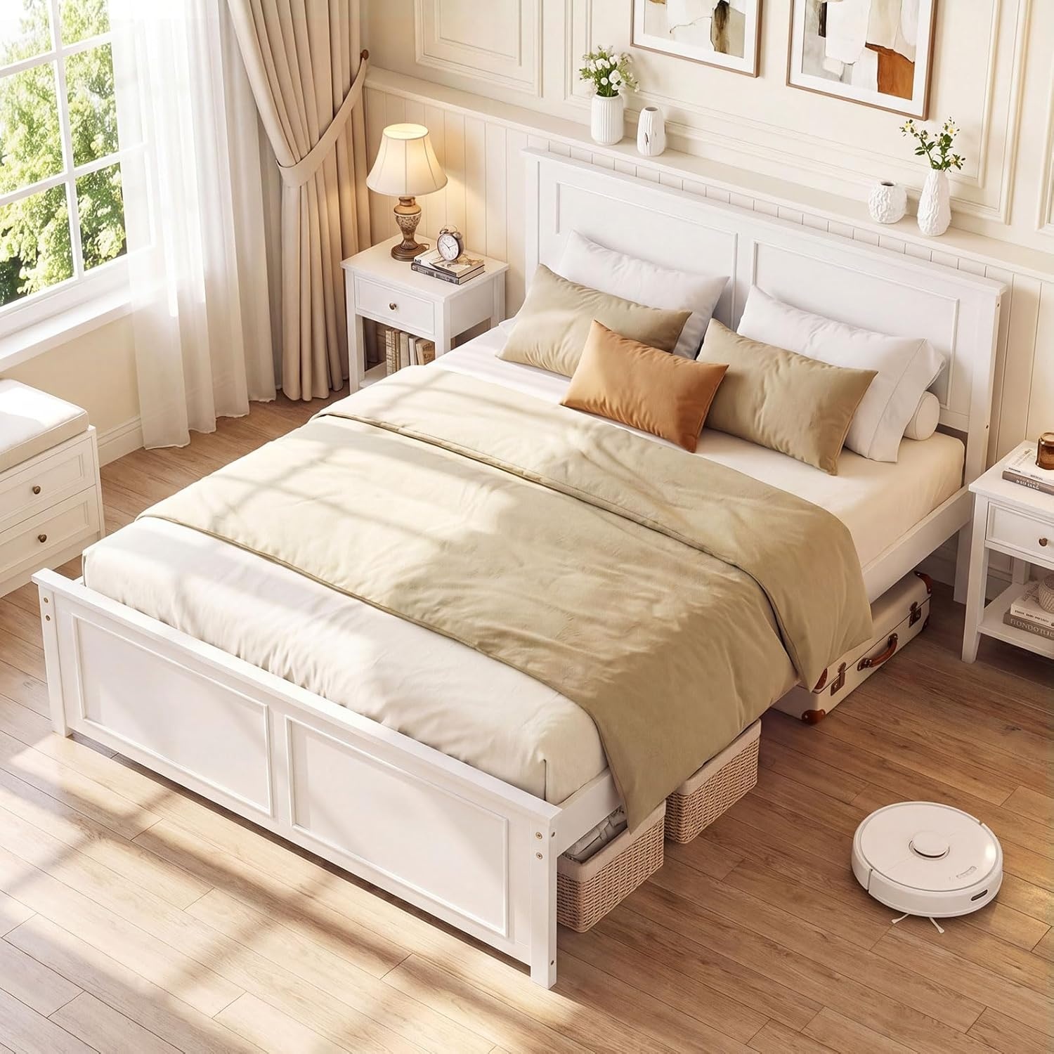 image:imageGiantex Wood Queen Size Bed Frame with Headboard Farmhouse Solid Platform Bed wWooden Slat Support Mattress Foundation UnderBed Storage No Box Spring Needed WhiteWhitesolid Headboard