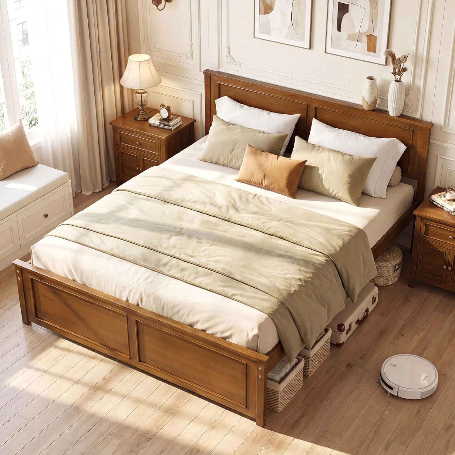 image:imageGiantex Wood Queen Size Bed Frame with Headboard Farmhouse Solid Platform Bed wWooden Slat Support Mattress Foundation UnderBed Storage No Box Spring Needed WhiteWalnutsolid Headboard
