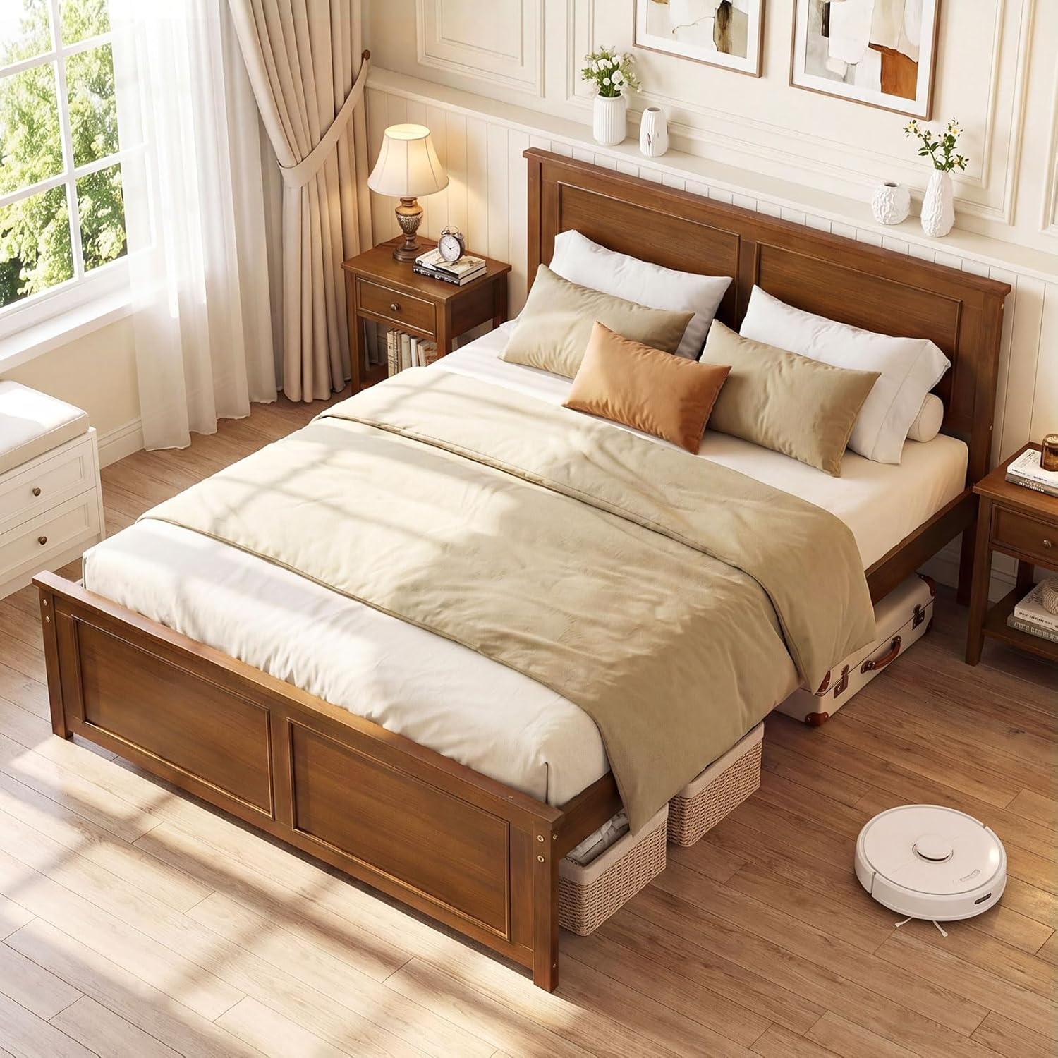 image:imageGiantex Wood Queen Size Bed Frame with Headboard Farmhouse Solid Platform Bed wWooden Slat Support Mattress Foundation UnderBed Storage No Box Spring Needed WhiteWalnutsolid Headboard