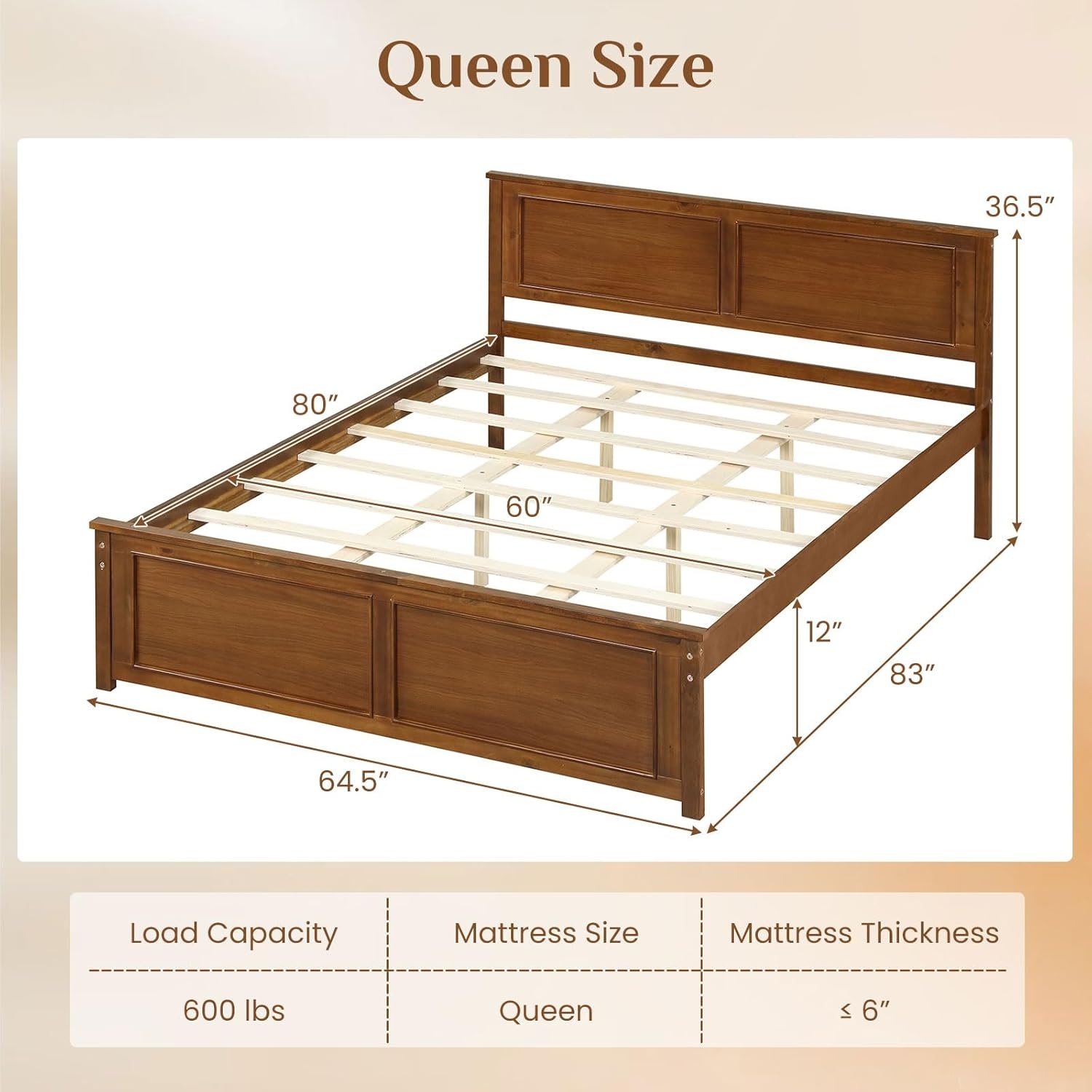 image:imageGiantex Wood Queen Size Bed Frame with Headboard Farmhouse Solid Platform Bed wWooden Slat Support Mattress Foundation UnderBed Storage No Box Spring Needed WhiteWalnutsolid Headboard