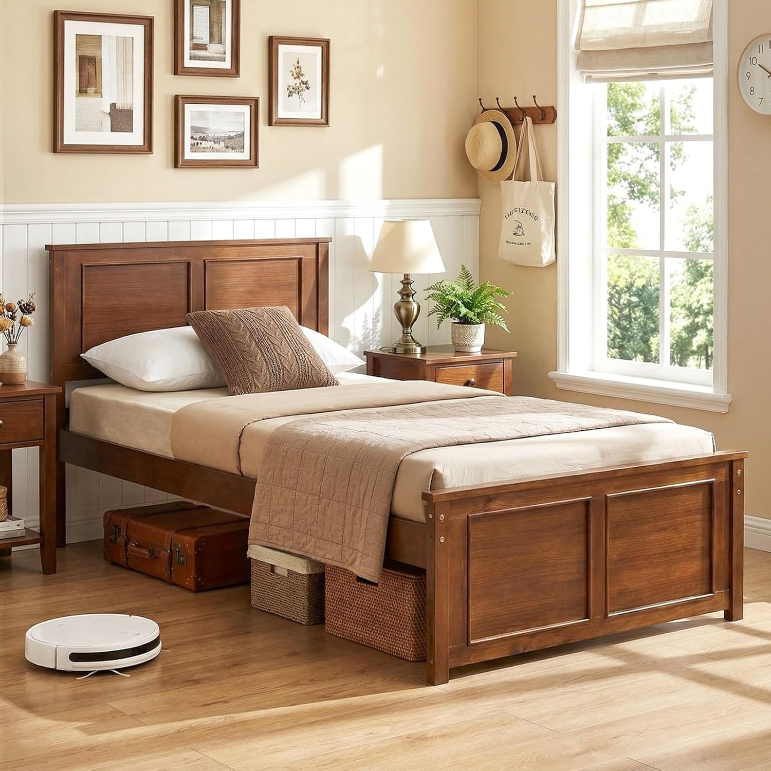 image:imageGiantex Wood Queen Size Bed Frame with Headboard Farmhouse Solid Platform Bed wWooden Slat Support Mattress Foundation UnderBed Storage No Box Spring Needed WhiteWalnutsolid Headboard