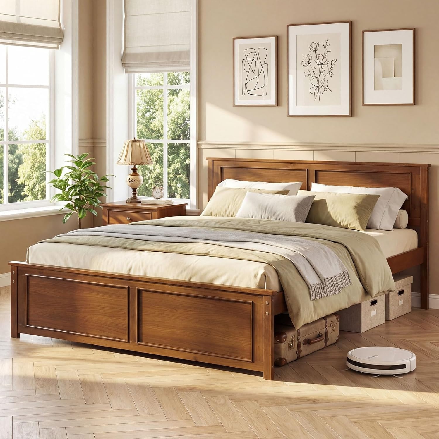 image:imageGiantex Wood Queen Size Bed Frame with Headboard Farmhouse Solid Platform Bed wWooden Slat Support Mattress Foundation UnderBed Storage No Box Spring Needed WhiteWalnutsolid Headboard