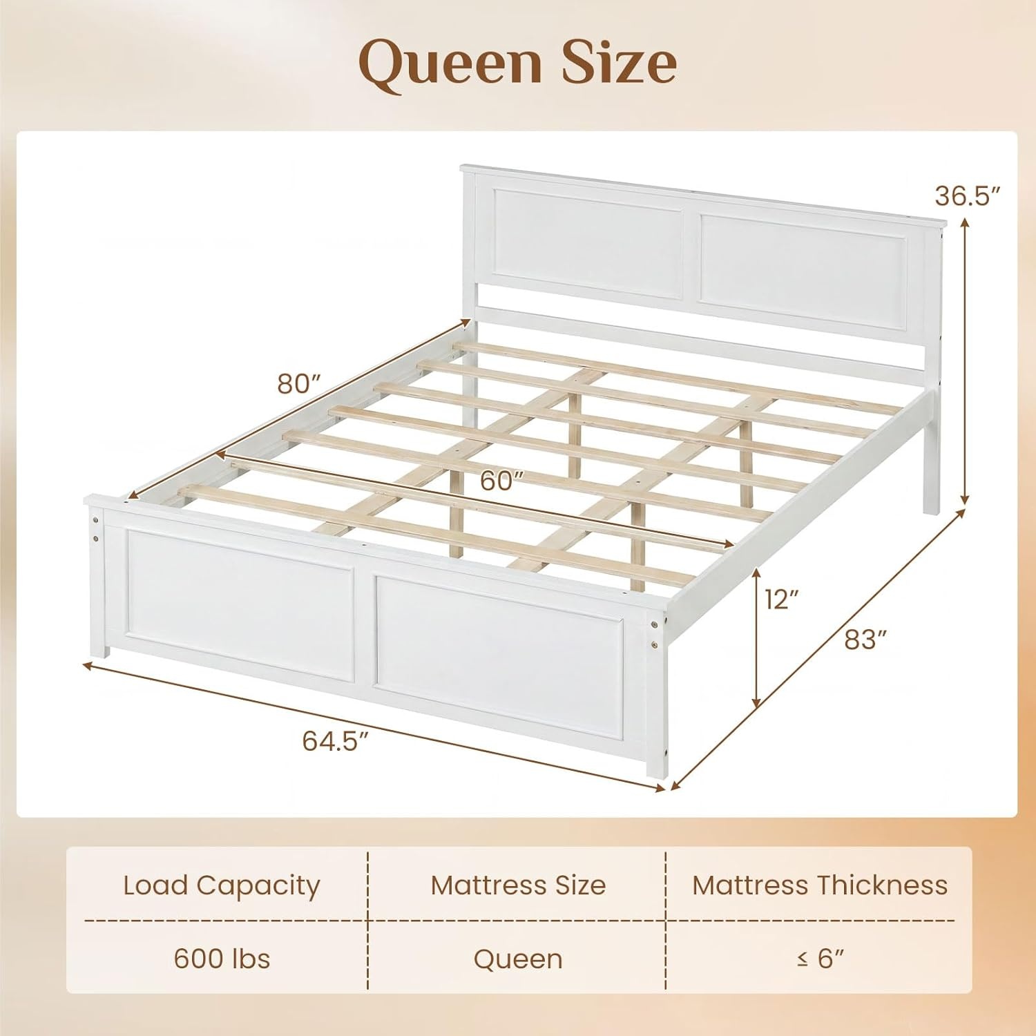 image:imageGiantex Wood Queen Size Bed Frame with Headboard Farmhouse Solid Platform Bed wWooden Slat Support Mattress Foundation UnderBed Storage No Box Spring Needed WhiteWhitesolid Headboard