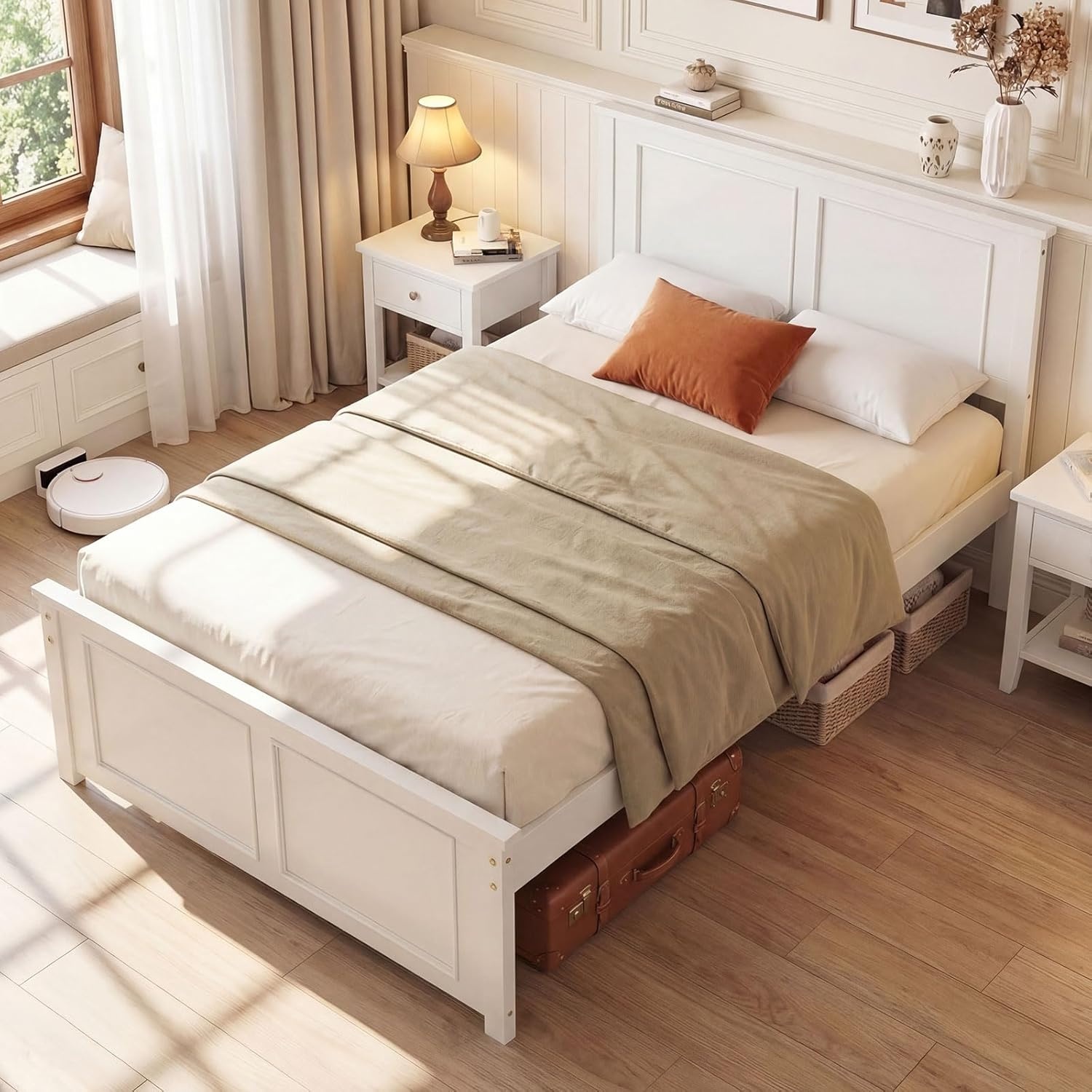 image:imageGiantex Wood Queen Size Bed Frame with Headboard Farmhouse Solid Platform Bed wWooden Slat Support Mattress Foundation UnderBed Storage No Box Spring Needed WhiteWhitesolid Headboard