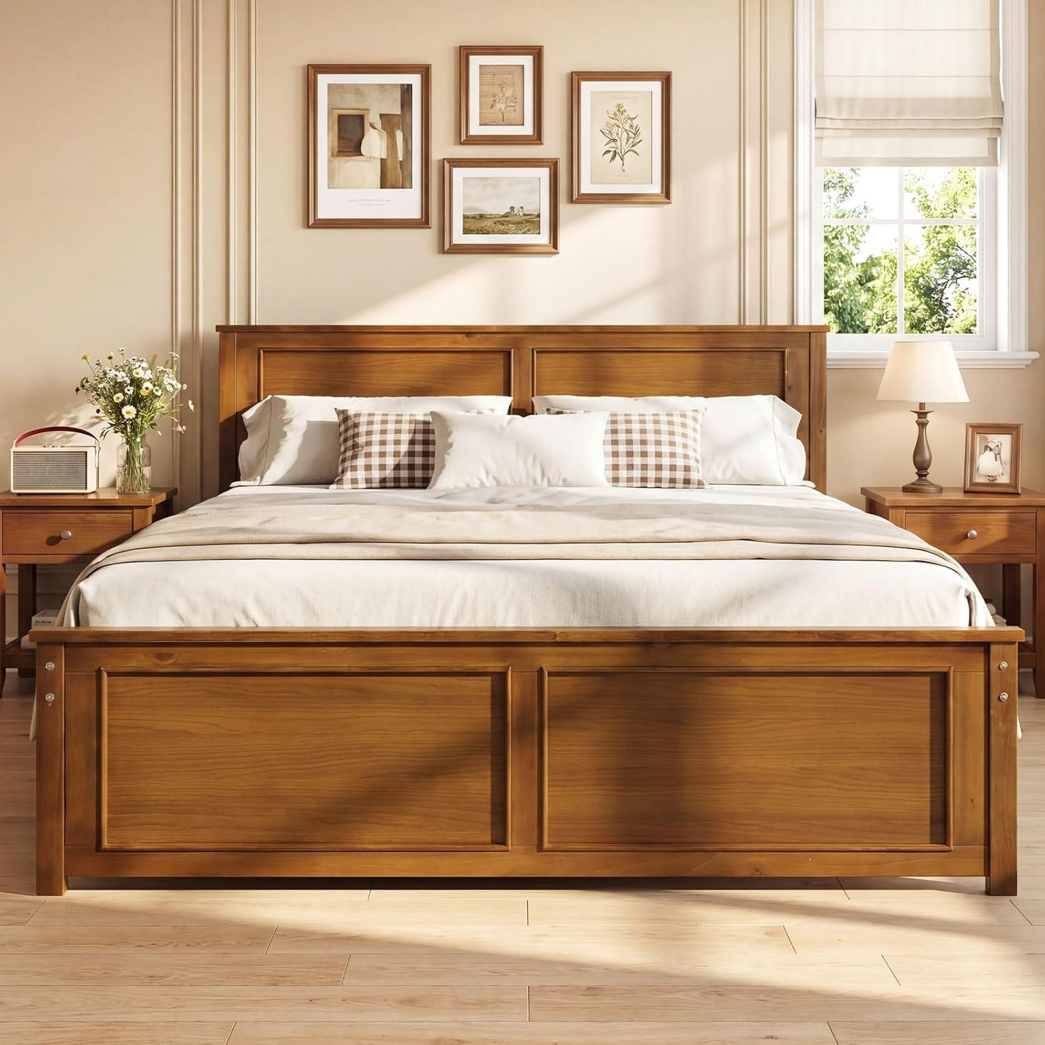 image:imageGiantex Wood Queen Size Bed Frame with Headboard Farmhouse Solid Platform Bed wWooden Slat Support Mattress Foundation UnderBed Storage No Box Spring Needed WhiteWalnutsolid Headboard
