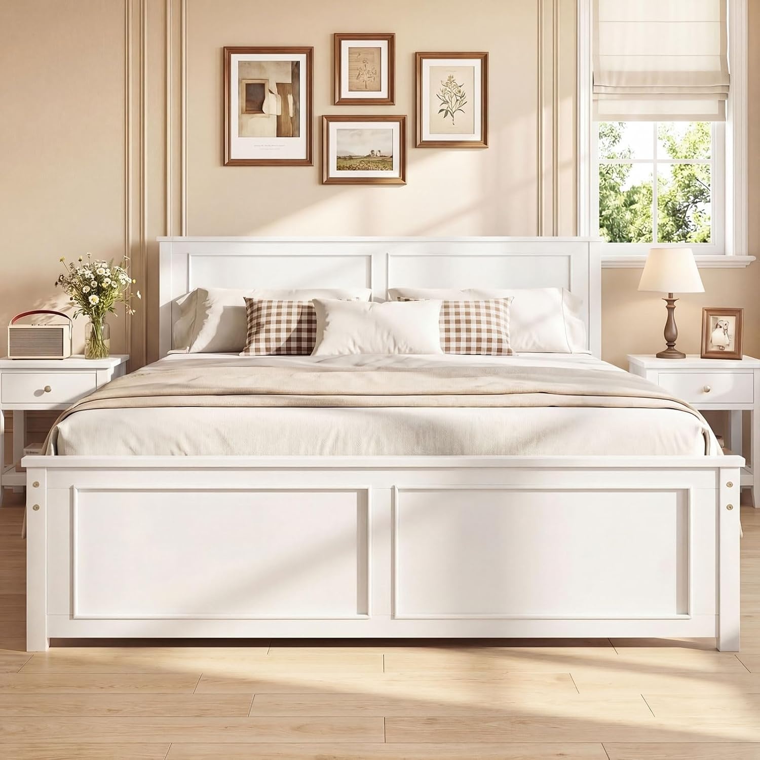 image:imageGiantex Wood Queen Size Bed Frame with Headboard Farmhouse Solid Platform Bed wWooden Slat Support Mattress Foundation UnderBed Storage No Box Spring Needed WhiteWhitesolid Headboard