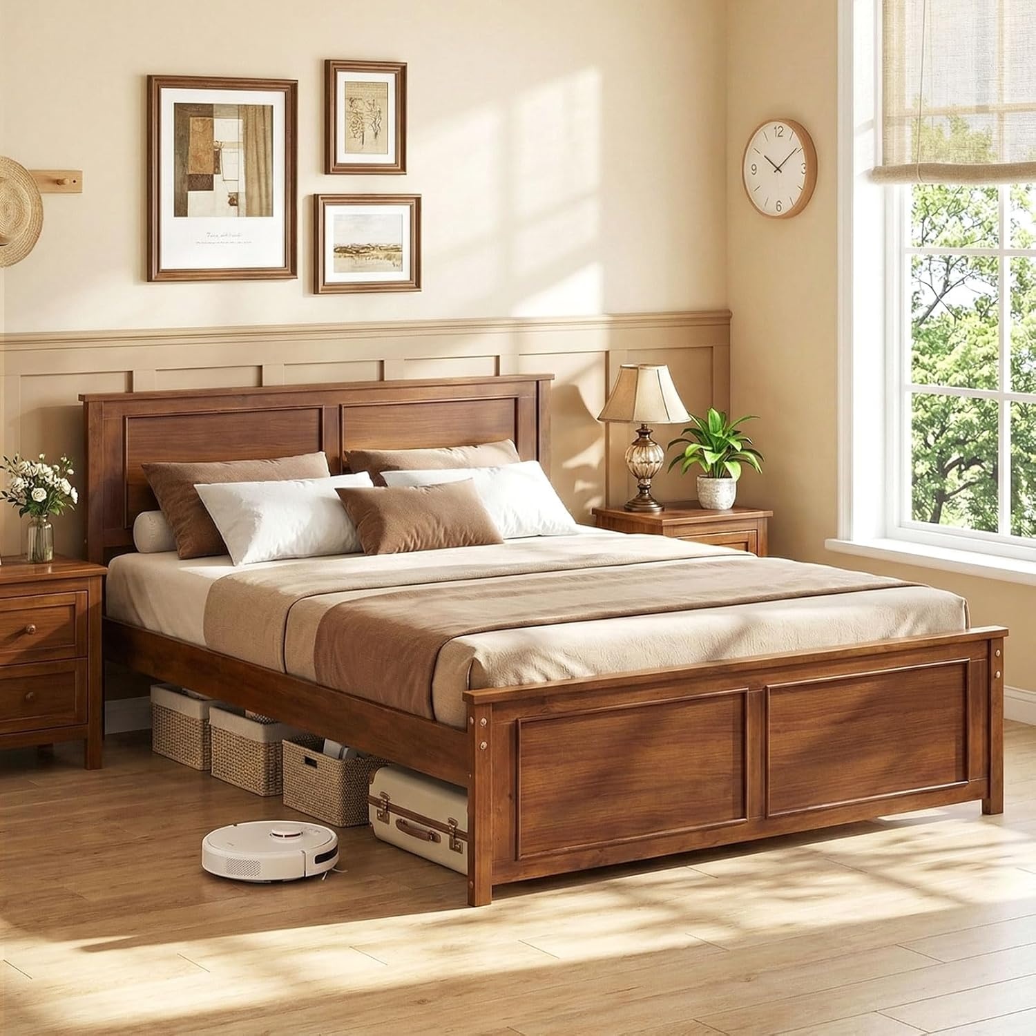 image:imageGiantex Wood Queen Size Bed Frame with Headboard Farmhouse Solid Platform Bed wWooden Slat Support Mattress Foundation UnderBed Storage No Box Spring Needed WhiteWalnutsolid Headboard