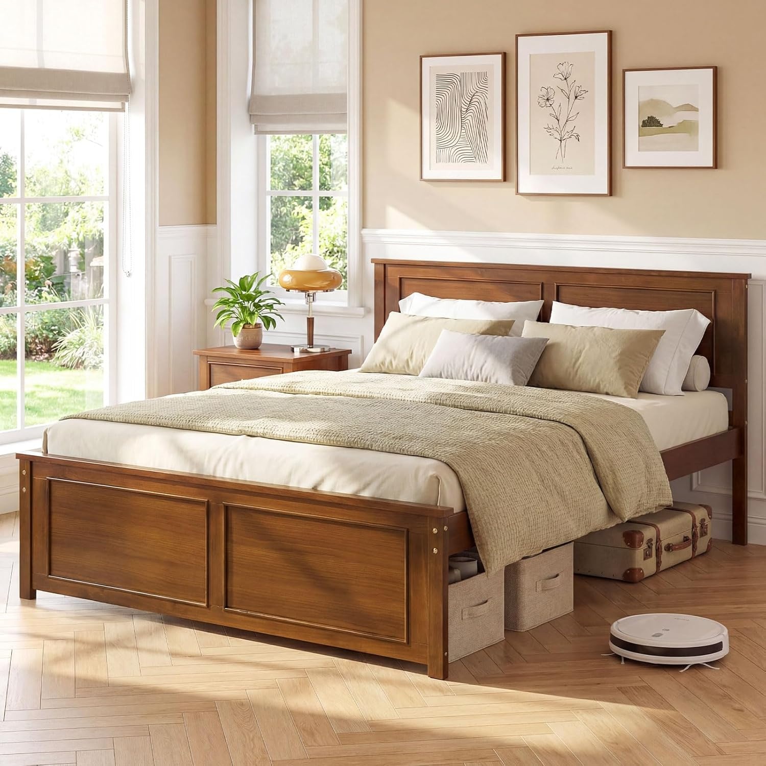 image:imageGiantex Wood Queen Size Bed Frame with Headboard Farmhouse Solid Platform Bed wWooden Slat Support Mattress Foundation UnderBed Storage No Box Spring Needed WhiteWalnutsolid Headboard