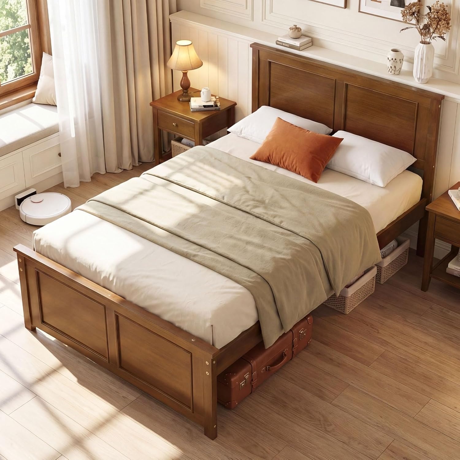 image:imageGiantex Wood Queen Size Bed Frame with Headboard Farmhouse Solid Platform Bed wWooden Slat Support Mattress Foundation UnderBed Storage No Box Spring Needed WhiteWalnutsolid Headboard