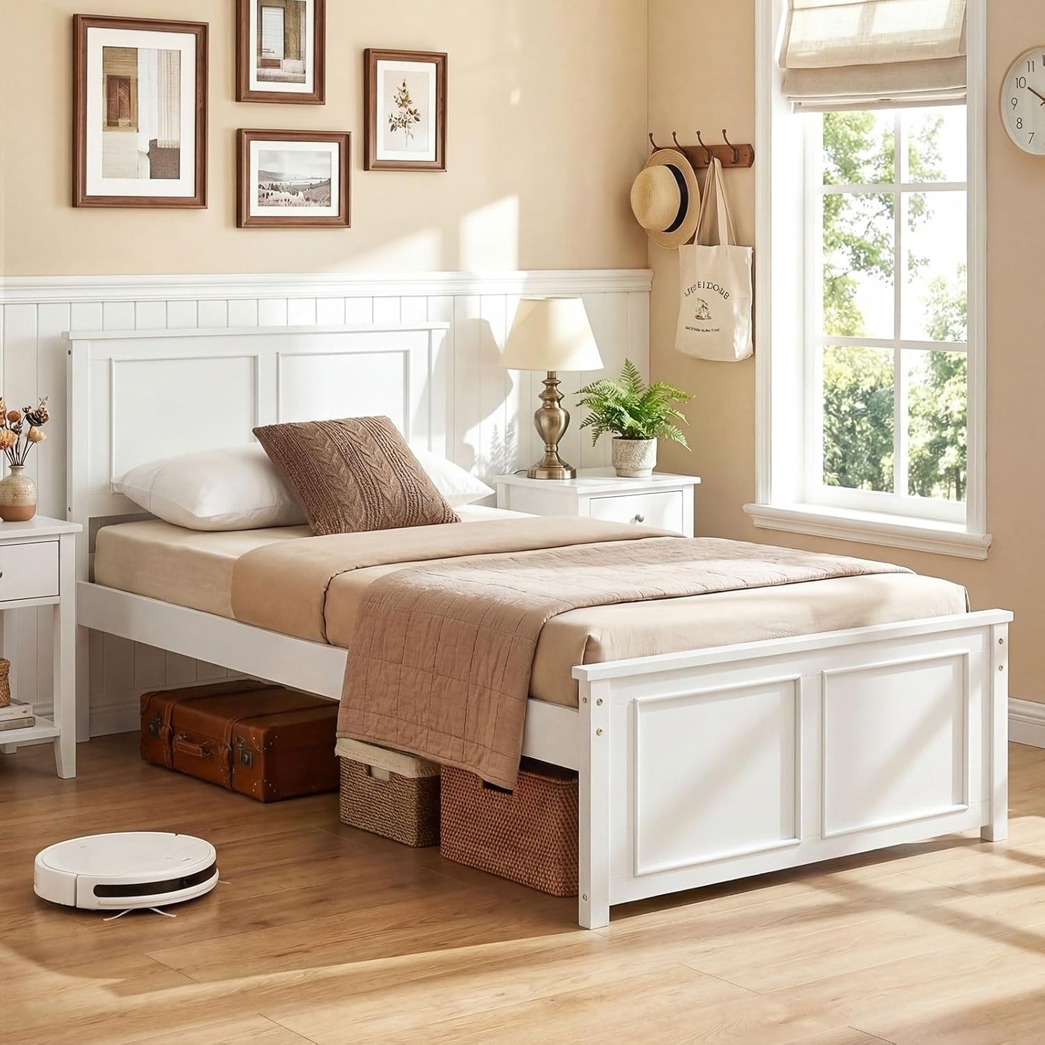 image:imageGiantex Wood Queen Size Bed Frame with Headboard Farmhouse Solid Platform Bed wWooden Slat Support Mattress Foundation UnderBed Storage No Box Spring Needed WhiteWhitesolid Headboard
