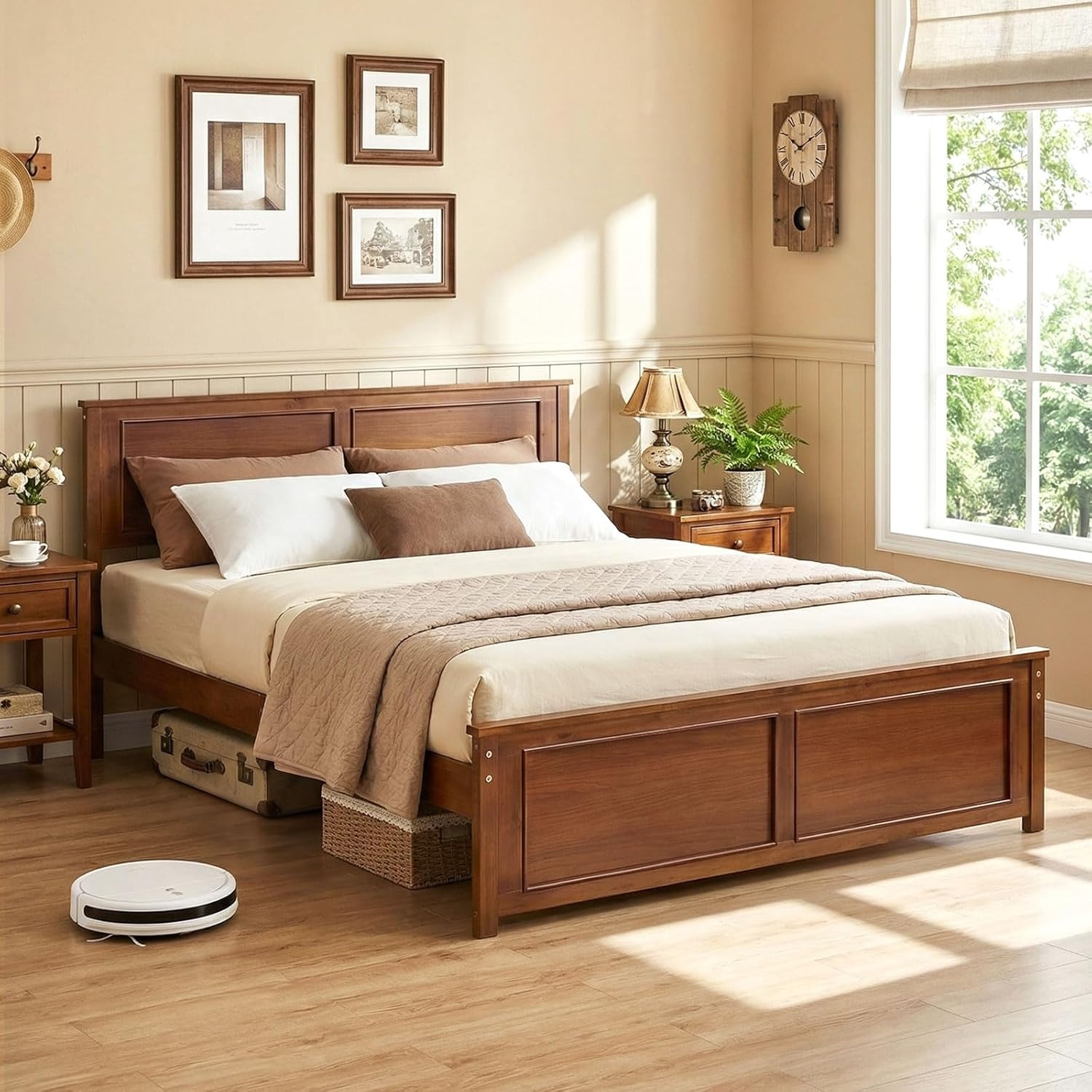image:imageGiantex Wood Queen Size Bed Frame with Headboard Farmhouse Solid Platform Bed wWooden Slat Support Mattress Foundation UnderBed Storage No Box Spring Needed WhiteWalnutsolid Headboard