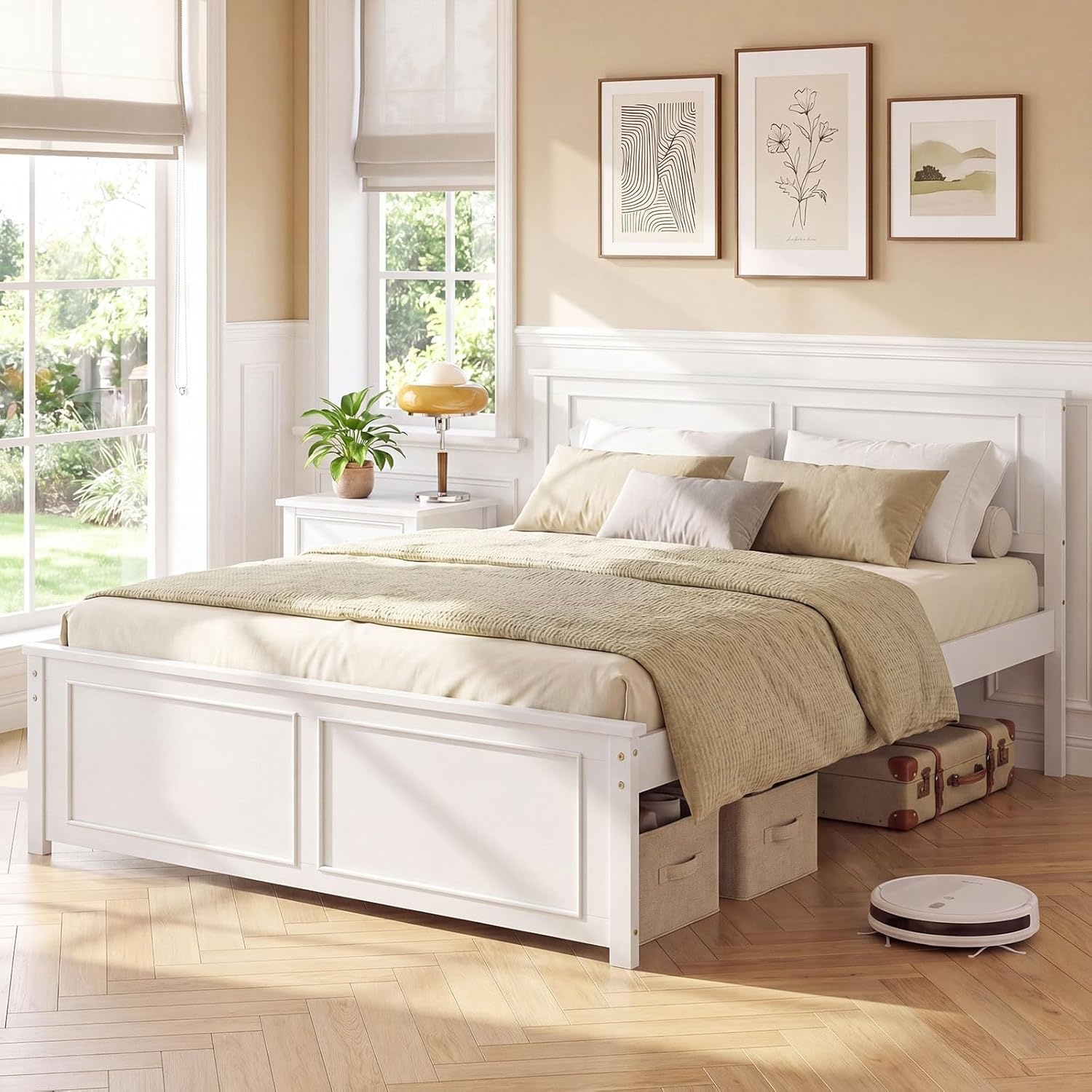 image:imageGiantex Wood Queen Size Bed Frame with Headboard Farmhouse Solid Platform Bed wWooden Slat Support Mattress Foundation UnderBed Storage No Box Spring Needed WhiteWhitesolid Headboard