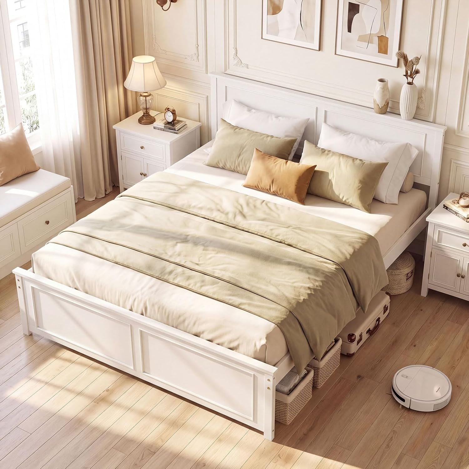 image:imageGiantex Wood Queen Size Bed Frame with Headboard Farmhouse Solid Platform Bed wWooden Slat Support Mattress Foundation UnderBed Storage No Box Spring Needed WhiteWhitesolid Headboard