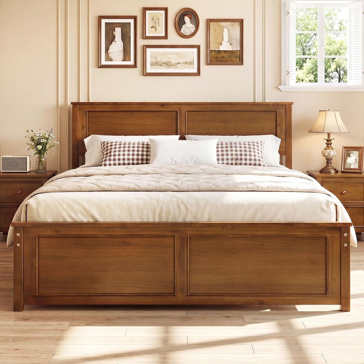image:imageGiantex Wood Queen Size Bed Frame with Headboard Farmhouse Solid Platform Bed wWooden Slat Support Mattress Foundation UnderBed Storage No Box Spring Needed WhiteWalnutsolid Headboard