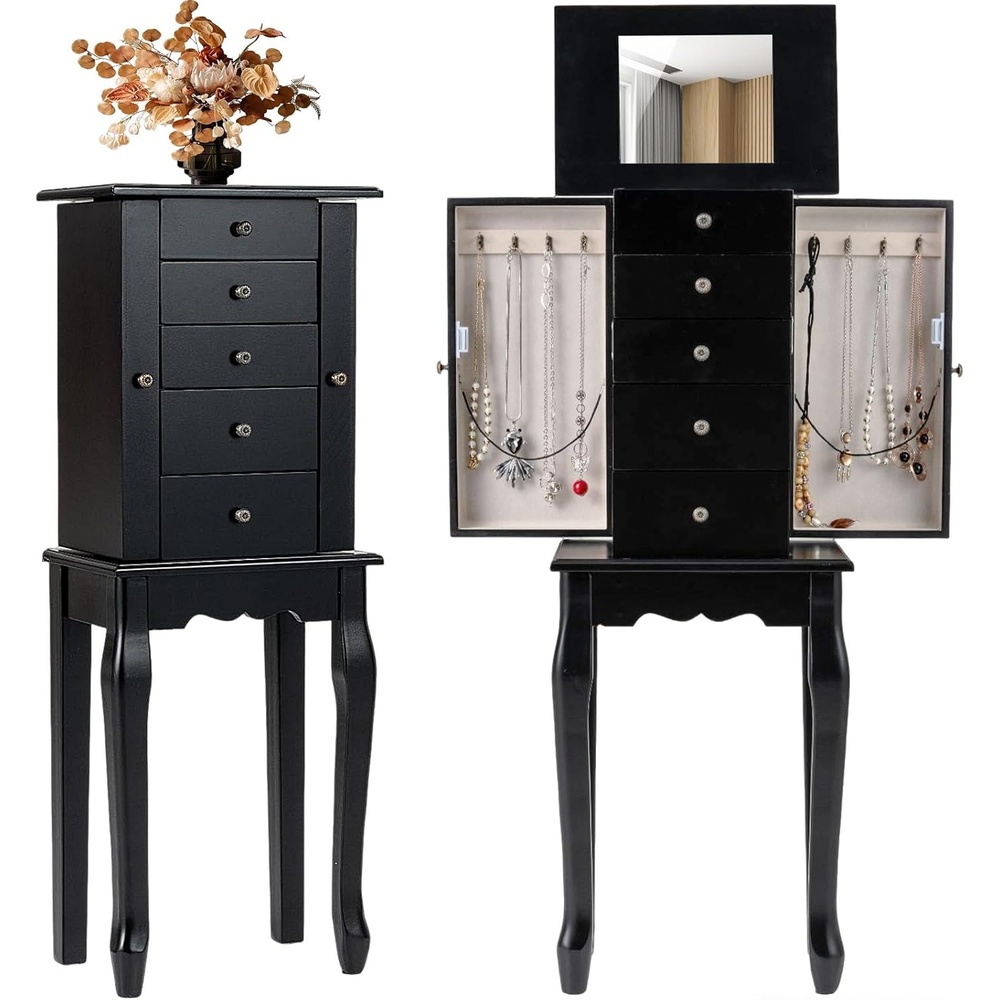image:imageGiantex Standing Jewelry Armoire Cabinet with 4 Drawers Flip Top Mirror Top Storage Compartments 2 Side Doors with 8 Necklace Hooks Freestanding Jewelry Organizer Box Chest PinkBlack