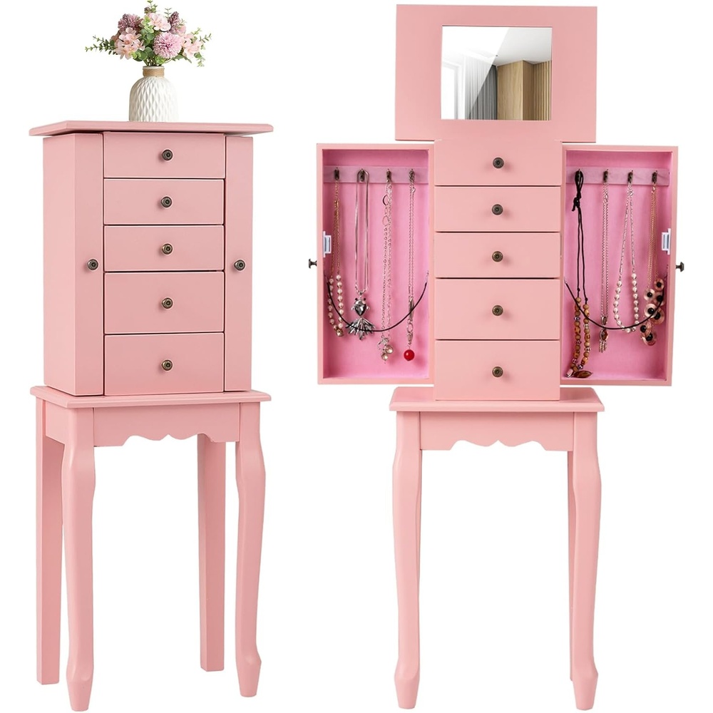 image:imageGiantex Standing Jewelry Armoire Cabinet with 4 Drawers Flip Top Mirror Top Storage Compartments 2 Side Doors with 8 Necklace Hooks Freestanding Jewelry Organizer Box Chest PinkPink