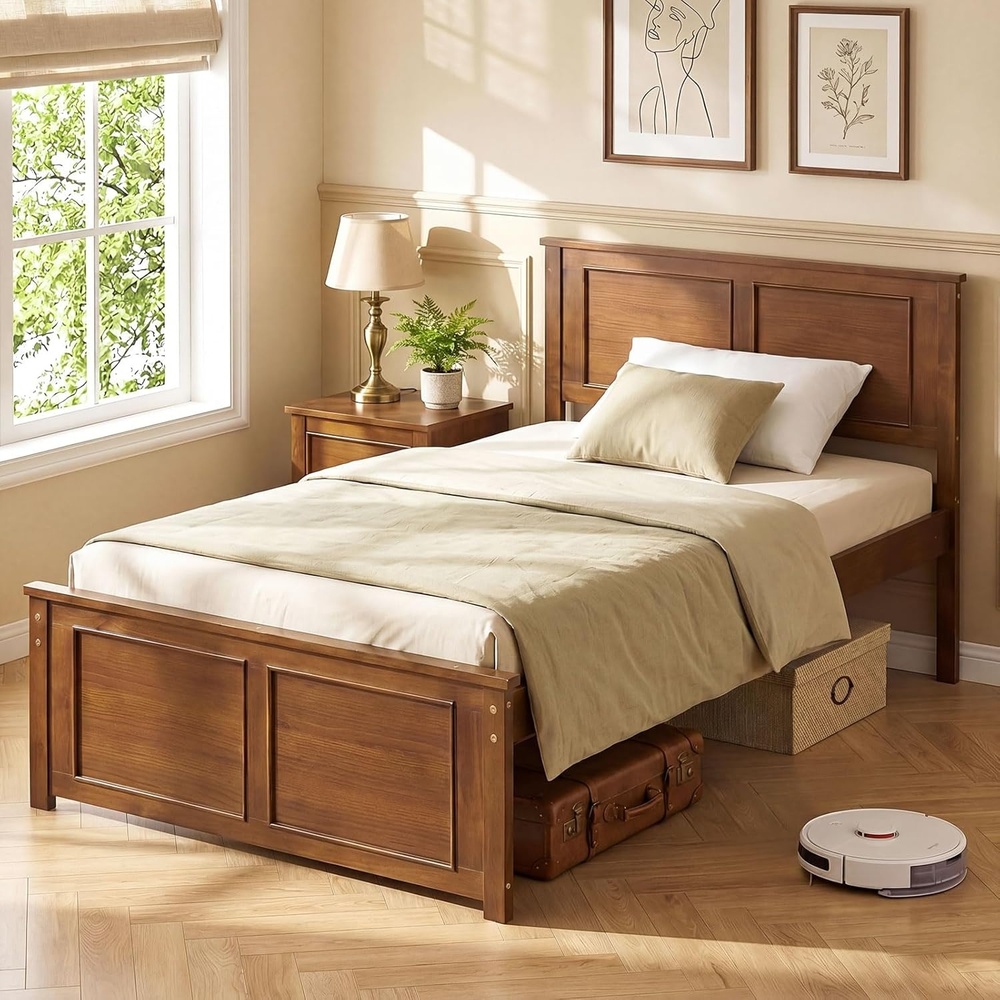 image:imageGiantex Wood Queen Size Bed Frame with Headboard Farmhouse Solid Platform Bed wWooden Slat Support Mattress Foundation UnderBed Storage No Box Spring Needed WhiteWalnutsolid Headboard