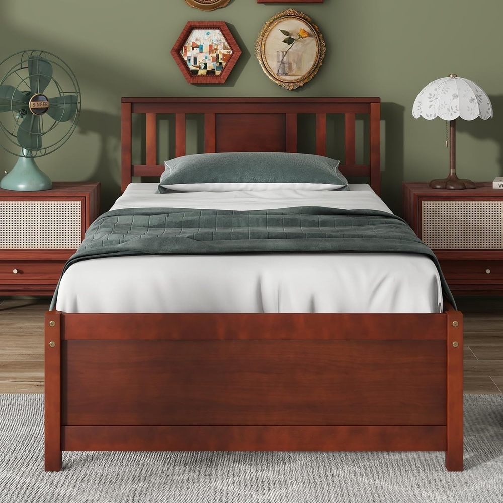 image:imageGiantex Wood Queen Size Bed Frame with Headboard Farmhouse Solid Platform Bed wWooden Slat Support Mattress Foundation UnderBed Storage No Box Spring Needed WhiteWalnut