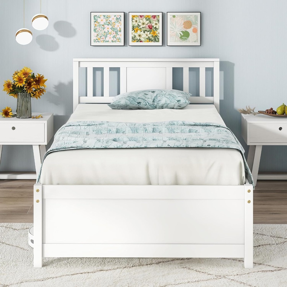 image:imageGiantex Wood Queen Size Bed Frame with Headboard Farmhouse Solid Platform Bed wWooden Slat Support Mattress Foundation UnderBed Storage No Box Spring Needed WhiteWhite