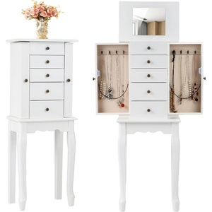 Giantex Standing Jewelry Armoire Cabinet with 4 Drawers, Flip Top Mirror, Top Storage Compartments, 2 Side Doors with 8 Necklace Hooks, Freestanding Jewelry Organizer Box Chest (Pink)(White)