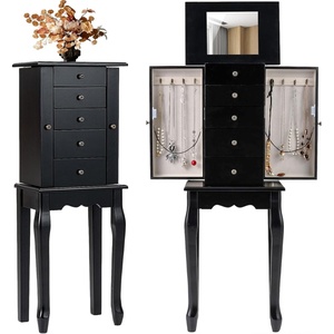 Giantex Standing Jewelry Armoire Cabinet with 4 Drawers, Flip Top Mirror, Top Storage Compartments, 2 Side Doors with 8 Necklace Hooks, Freestanding Jewelry Organizer Box Chest (Pink)(Black)