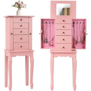 Giantex Standing Jewelry Armoire Cabinet with 4 Drawers, Flip Top Mirror, Top Storage Compartments, 2 Side Doors with 8 Necklace Hooks, Freestanding Jewelry Organizer Box Chest (Pink)(Pink)