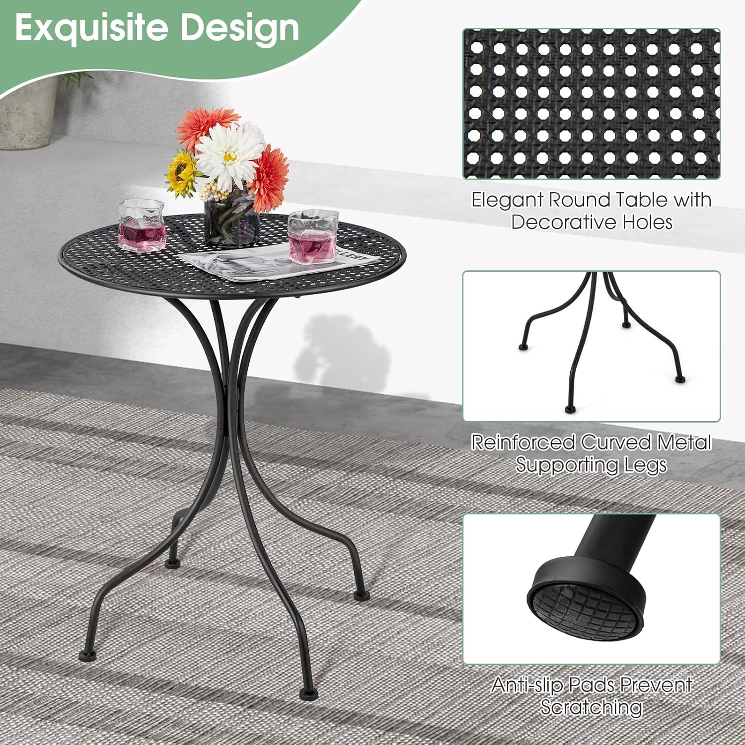 image:imageGiantex 3 Pieces Patio Bistro Set Outdoor Dining Table Set for 2 1 Round Table with 2 Folding Chairs RustResistant for Backyard Patio Porch Garden Backyard BlackBlack
