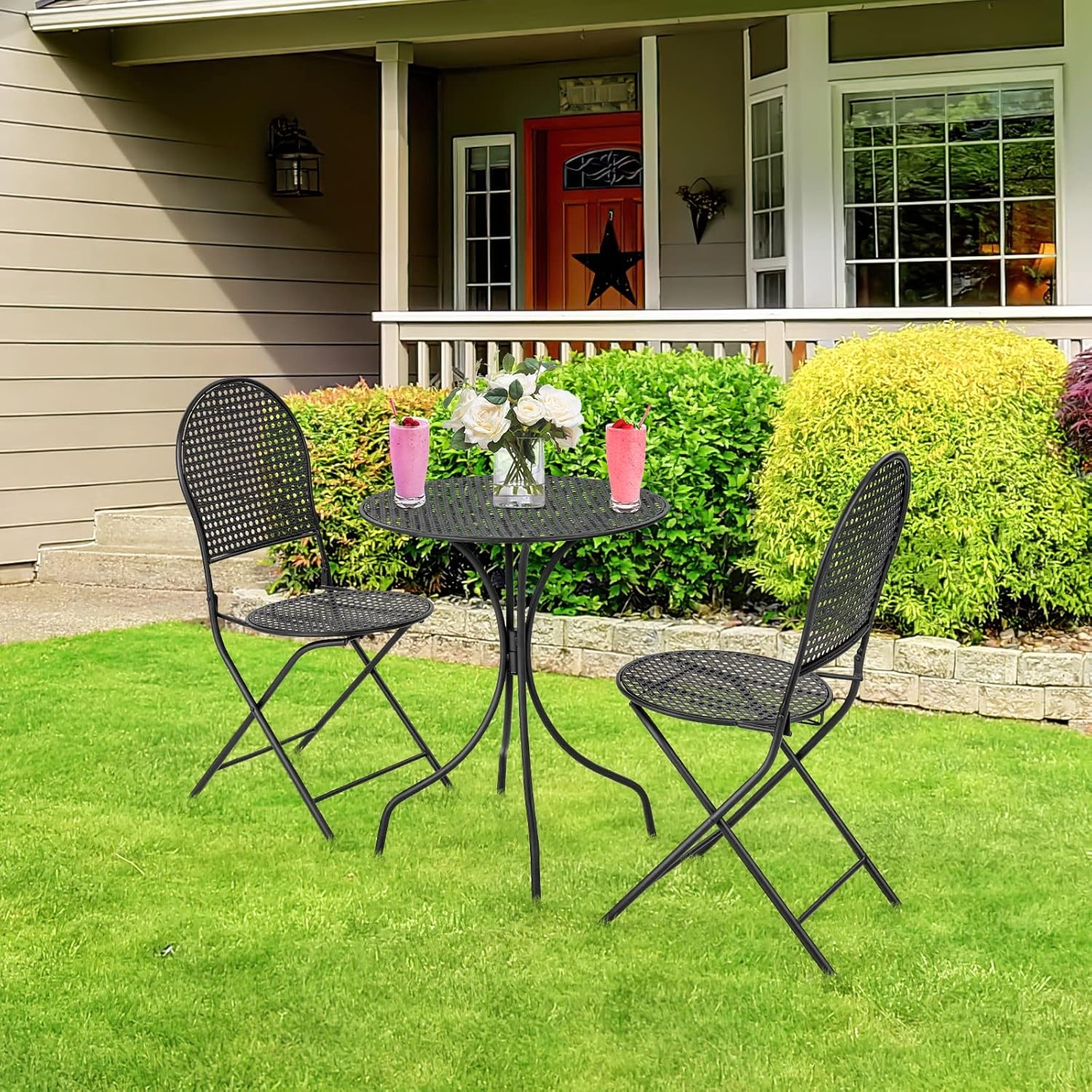image:imageGiantex 3 Pieces Patio Bistro Set Outdoor Dining Table Set for 2 1 Round Table with 2 Folding Chairs RustResistant for Backyard Patio Porch Garden Backyard BlackBlack