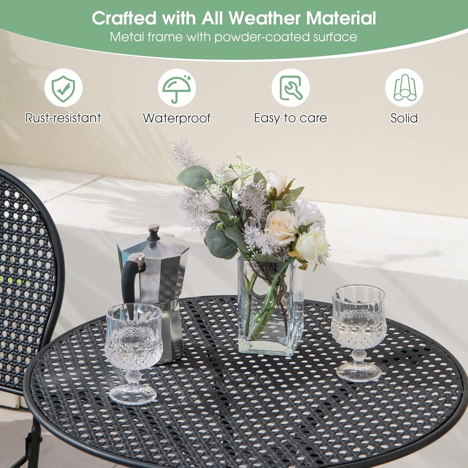 image:imageGiantex 3 Pieces Patio Bistro Set Outdoor Dining Table Set for 2 1 Round Table with 2 Folding Chairs RustResistant for Backyard Patio Porch Garden Backyard BlackBlack