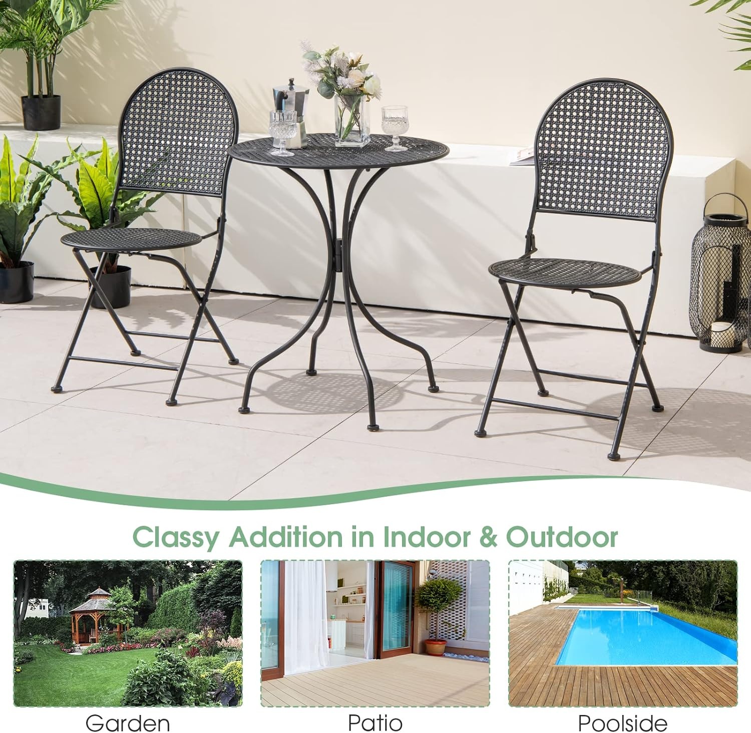 image:imageGiantex 3 Pieces Patio Bistro Set Outdoor Dining Table Set for 2 1 Round Table with 2 Folding Chairs RustResistant for Backyard Patio Porch Garden Backyard BlackBlack