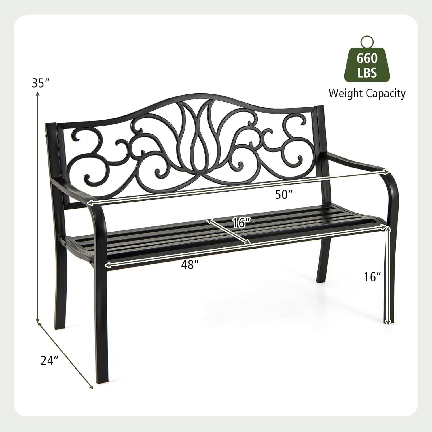 image:imageGiantex 50 Inches Outdoor Bench with Floral Pattern Ergonomic Backrest amp Slatted Surface Metal Frame 660lbs Capacity 23 People Loveseat Patio Bench for Park Garden Yard Porch Outside Black