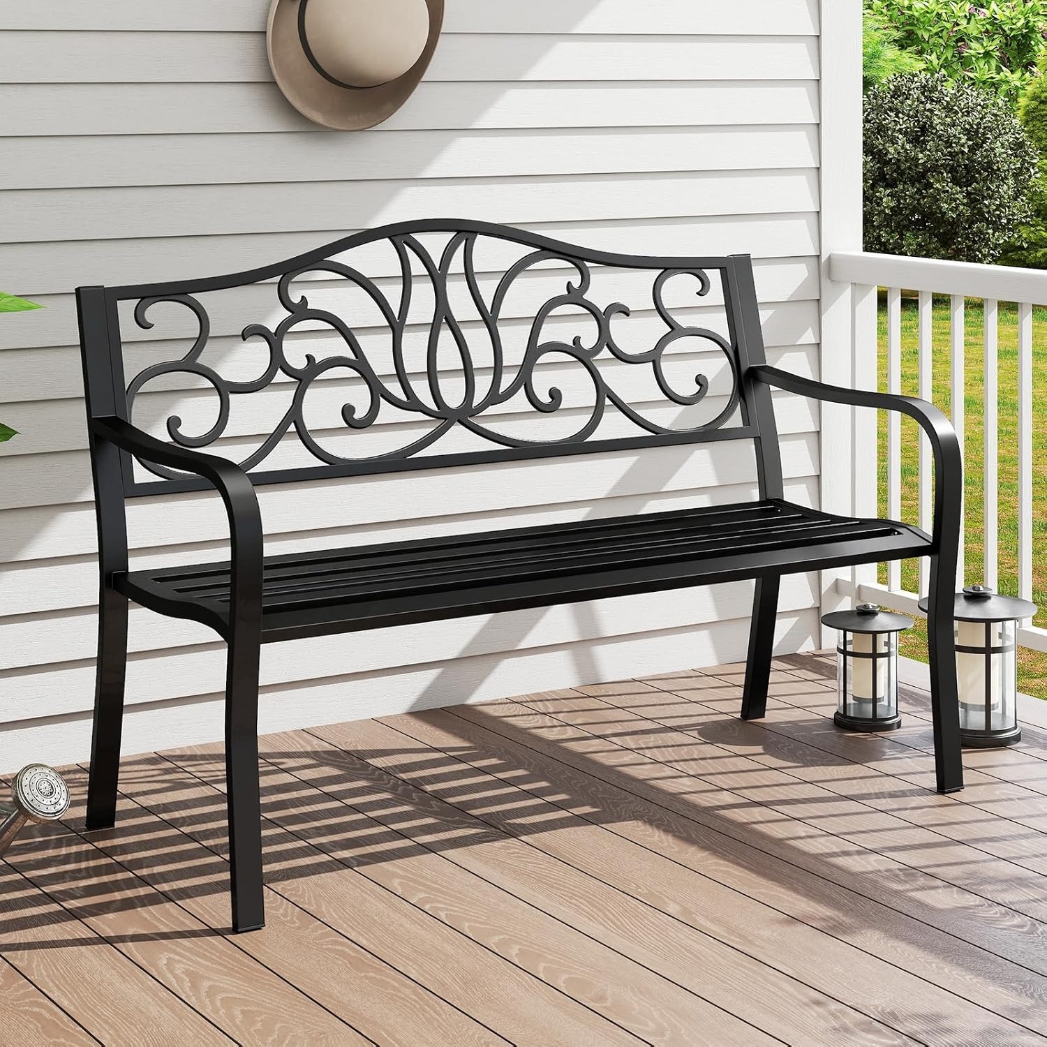image:imageGiantex 50 Inches Outdoor Bench with Floral Pattern Ergonomic Backrest amp Slatted Surface Metal Frame 660lbs Capacity 23 People Loveseat Patio Bench for Park Garden Yard Porch Outside Black