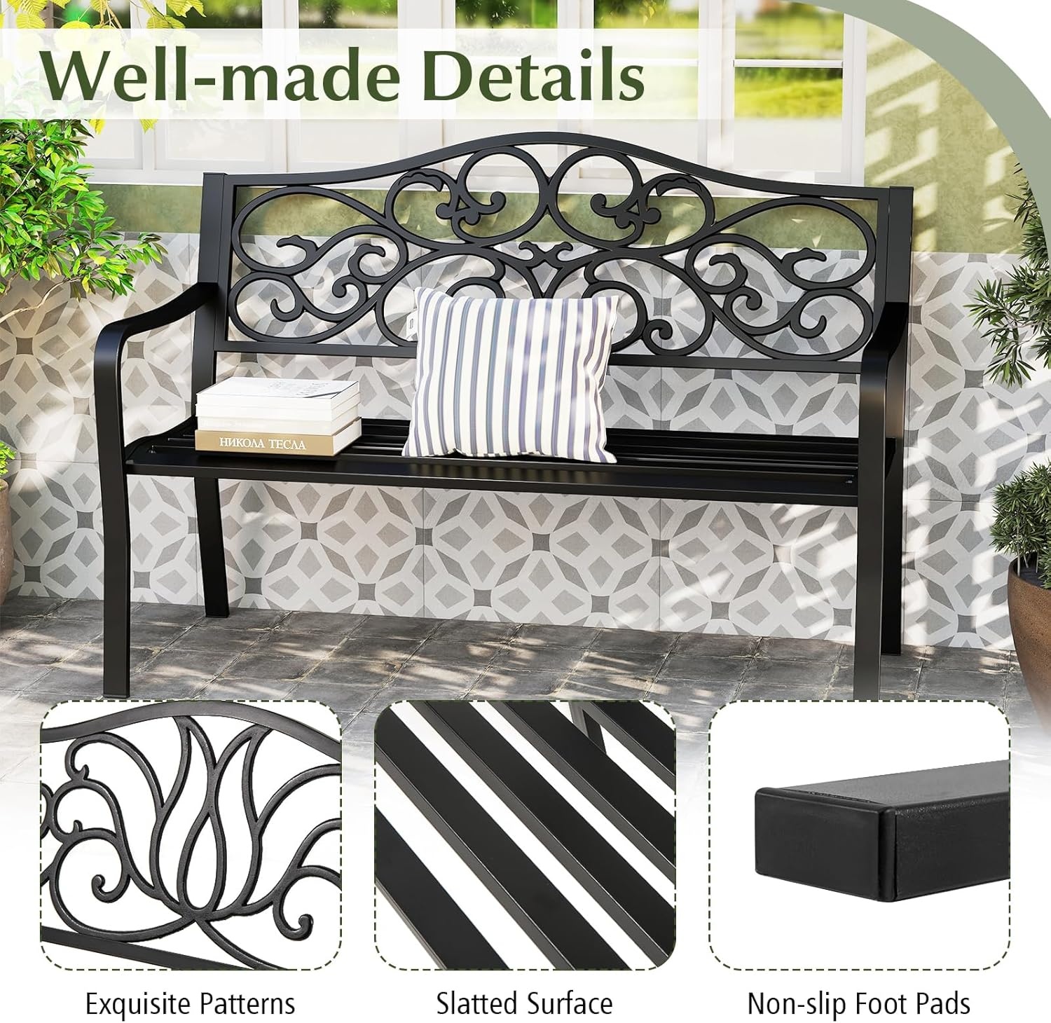 image:imageGiantex 50 Inches Outdoor Bench with Floral Pattern Ergonomic Backrest amp Slatted Surface Metal Frame 660lbs Capacity 23 People Loveseat Patio Bench for Park Garden Yard Porch Outside Black