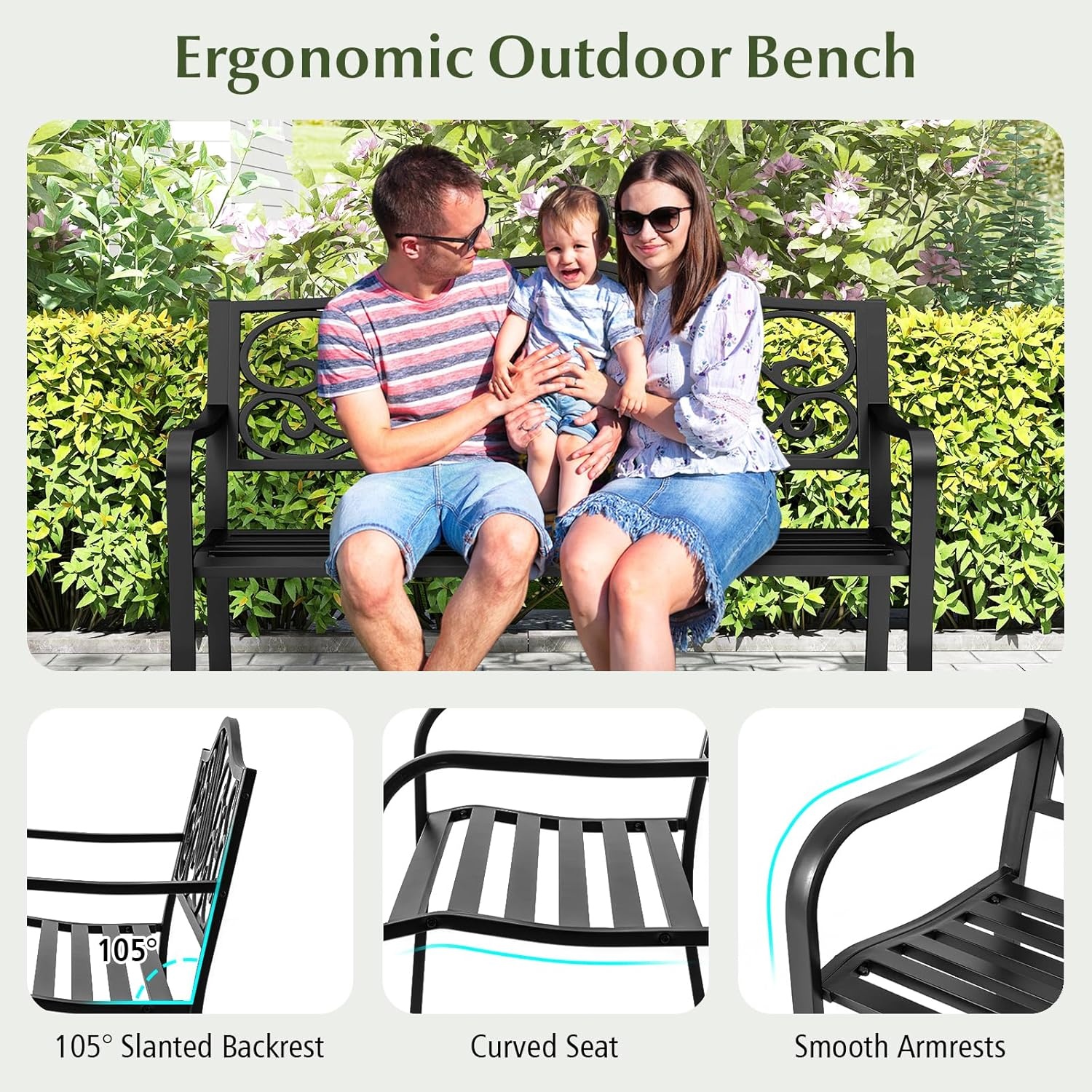 image:imageGiantex 50 Inches Outdoor Bench with Floral Pattern Ergonomic Backrest amp Slatted Surface Metal Frame 660lbs Capacity 23 People Loveseat Patio Bench for Park Garden Yard Porch Outside Black