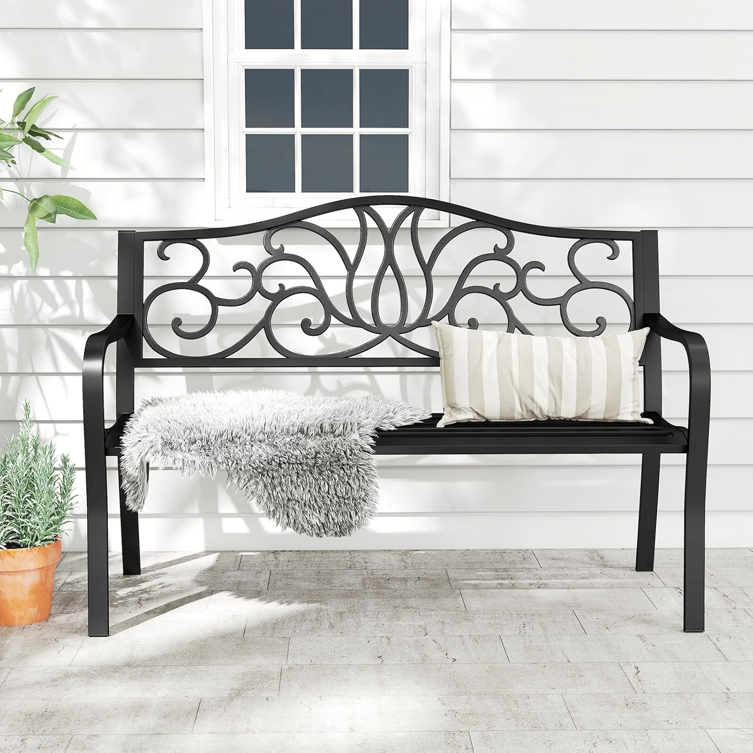 image:imageGiantex 50 Inches Outdoor Bench with Floral Pattern Ergonomic Backrest amp Slatted Surface Metal Frame 660lbs Capacity 23 People Loveseat Patio Bench for Park Garden Yard Porch Outside Black