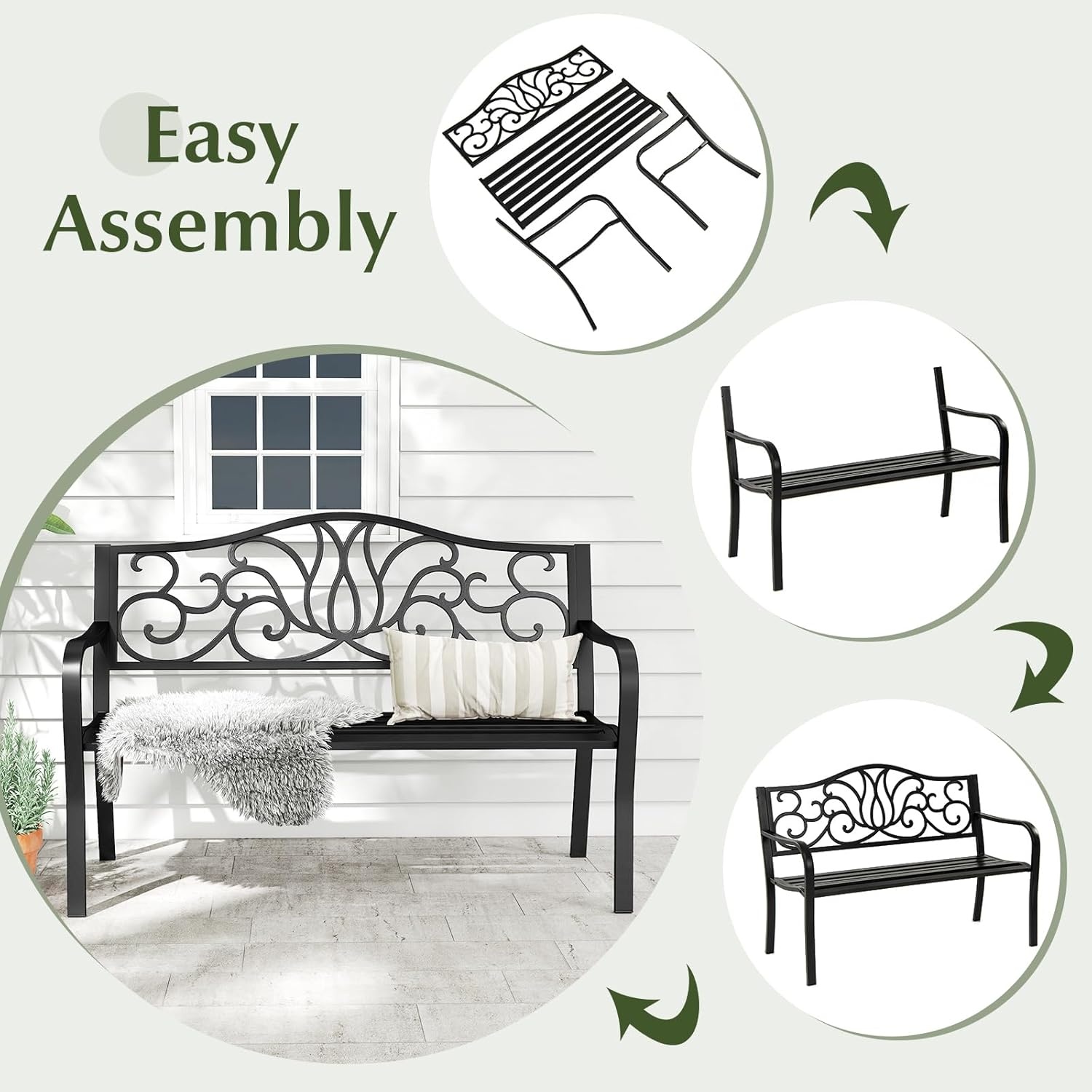 image:imageGiantex 50 Inches Outdoor Bench with Floral Pattern Ergonomic Backrest amp Slatted Surface Metal Frame 660lbs Capacity 23 People Loveseat Patio Bench for Park Garden Yard Porch Outside Black