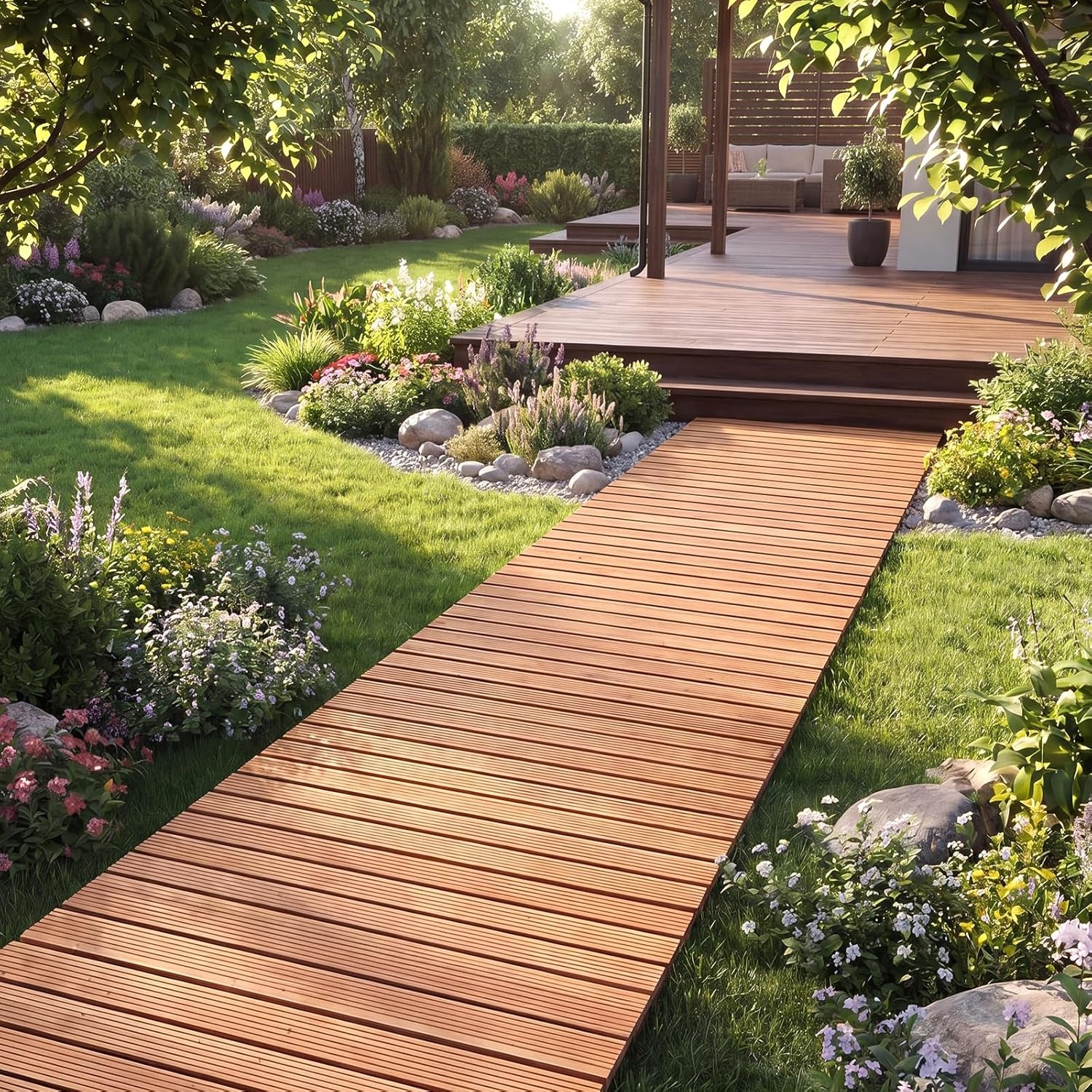image:imageGiantex 8 FT Garden Pathway 2 Pack 215W Waterproof HDPE Outdoor Walkway NonSlip Surface Weather Resistant Roll Out Straight Walkway for Outside Patio Backyard Beach Wedding Party Natural OakGolden Teak