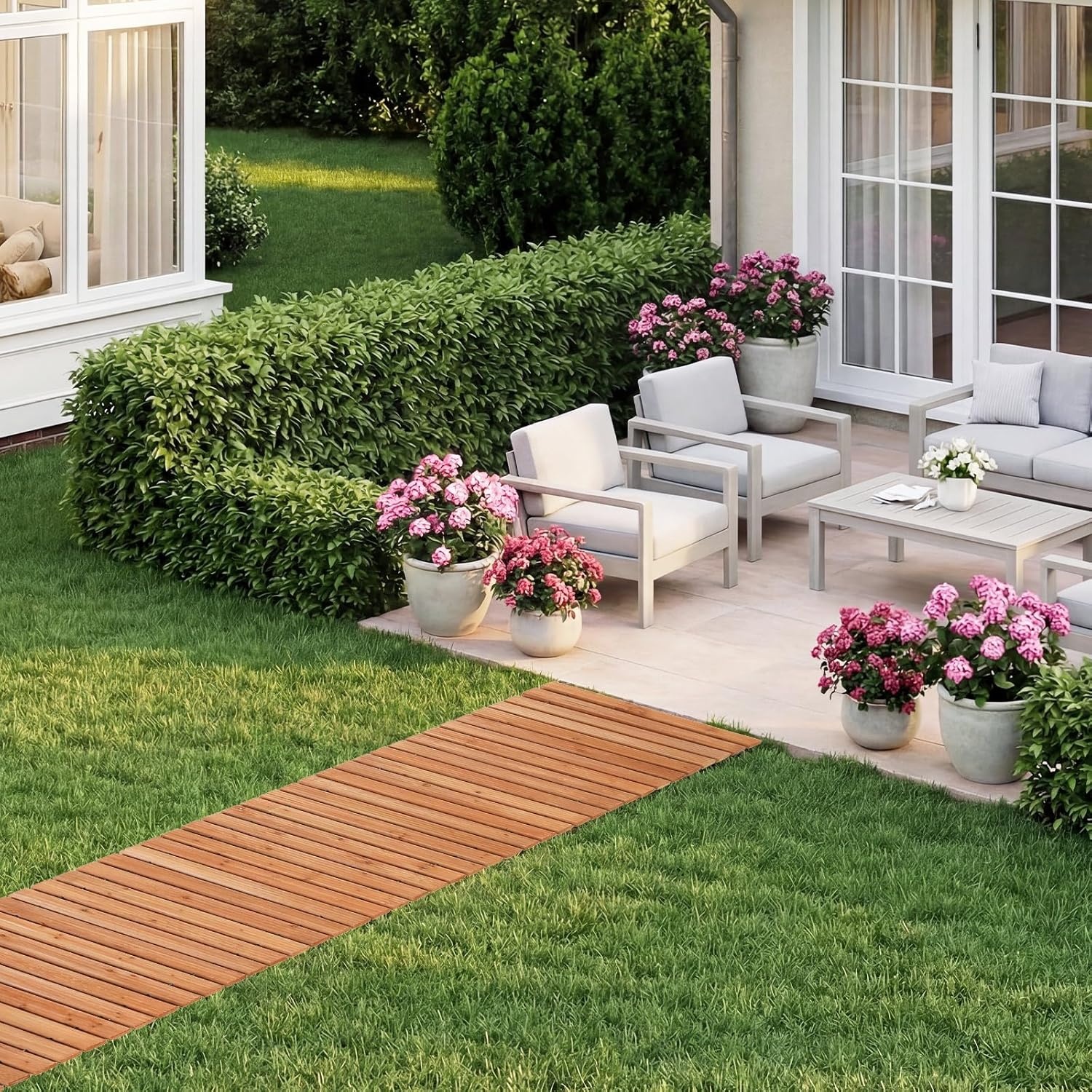 image:imageGiantex 8 FT Garden Pathway 2 Pack 215W Waterproof HDPE Outdoor Walkway NonSlip Surface Weather Resistant Roll Out Straight Walkway for Outside Patio Backyard Beach Wedding Party Natural OakGolden Teak