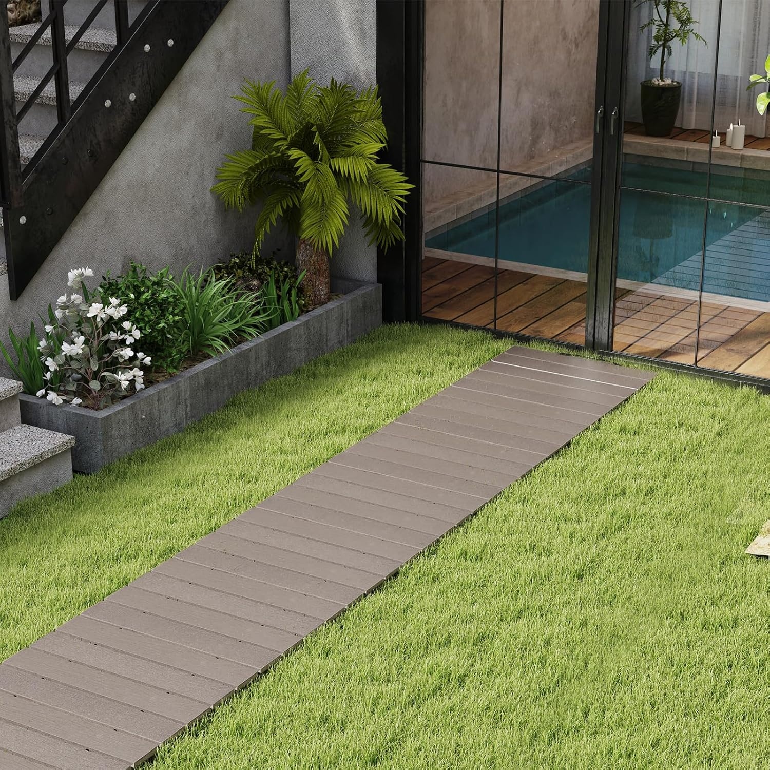 image:imageGiantex 8 FT Garden Pathway 2 Pack 215W Waterproof HDPE Outdoor Walkway NonSlip Surface Weather Resistant Roll Out Straight Walkway for Outside Patio Backyard Beach Wedding Party Natural OakAsh Gray