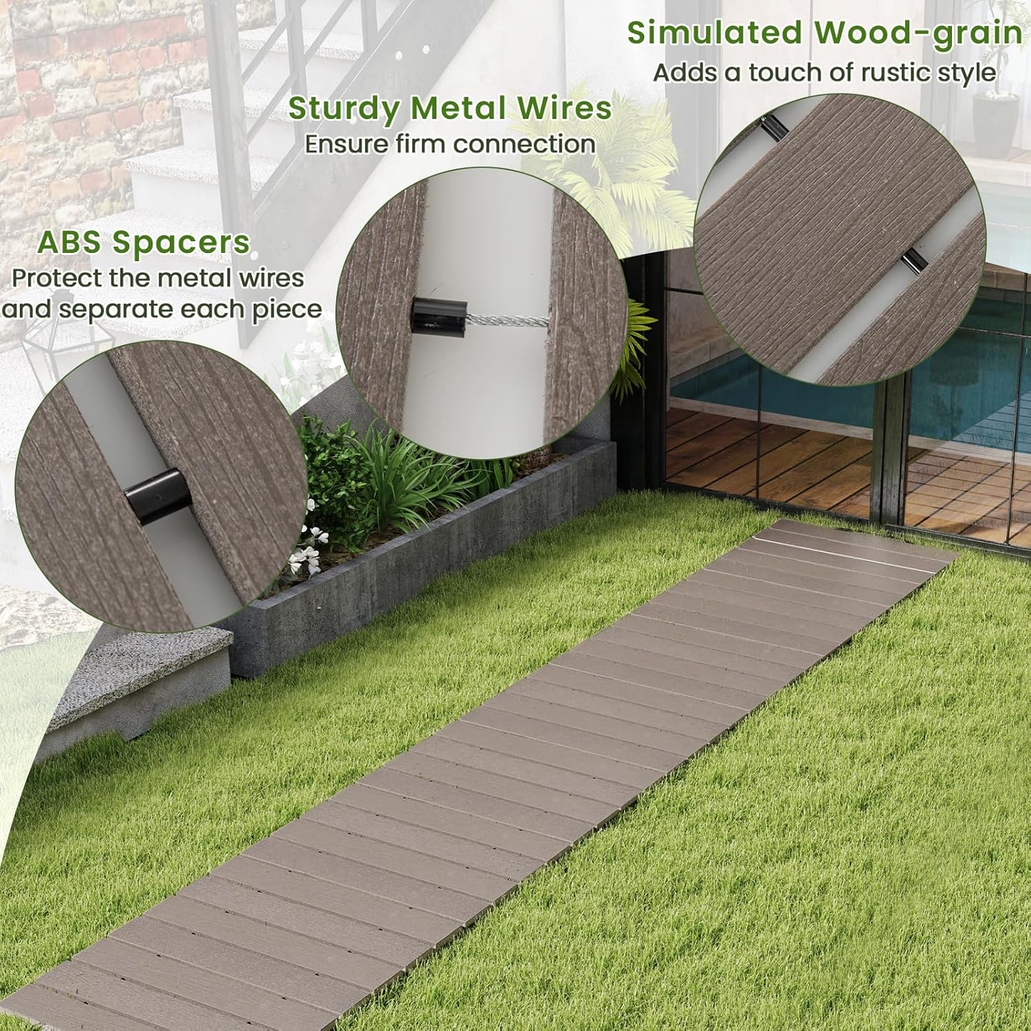 image:imageGiantex 8 FT Garden Pathway 2 Pack 215W Waterproof HDPE Outdoor Walkway NonSlip Surface Weather Resistant Roll Out Straight Walkway for Outside Patio Backyard Beach Wedding Party Natural OakAsh Gray