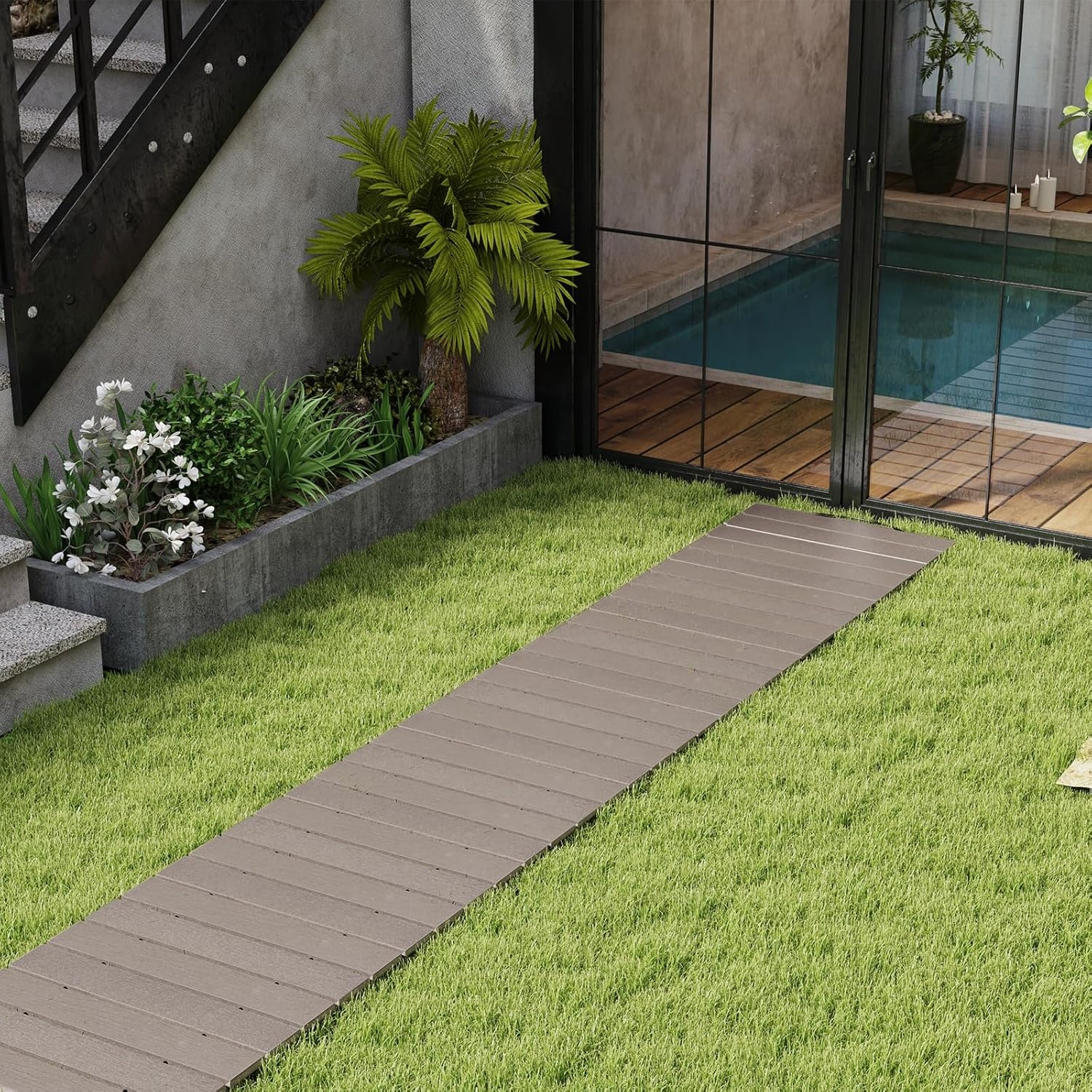 image:imageGiantex 8 FT Garden Pathway 2 Pack 215W Waterproof HDPE Outdoor Walkway NonSlip Surface Weather Resistant Roll Out Straight Walkway for Outside Patio Backyard Beach Wedding Party Natural OakAsh Gray