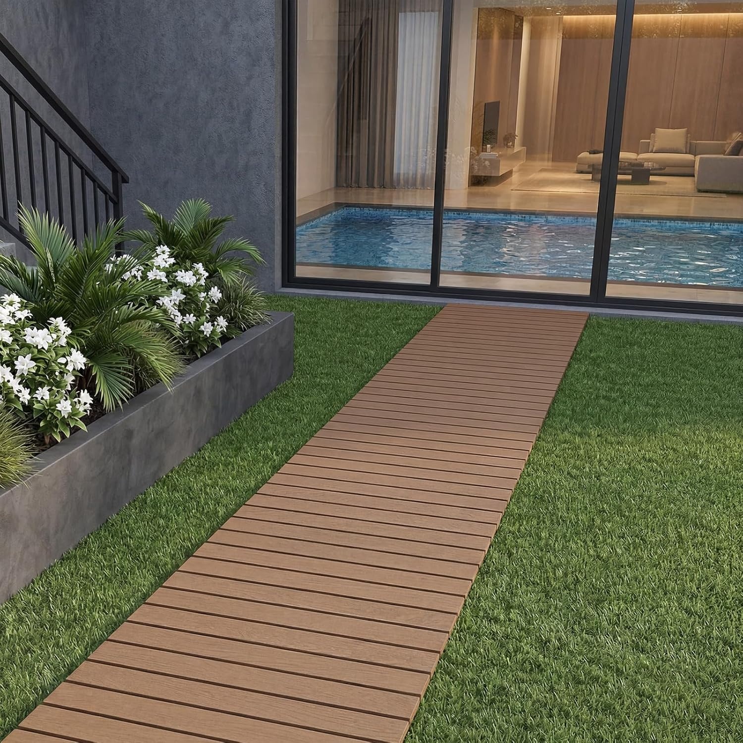 image:imageGiantex 8 FT Garden Pathway 2 Pack 215W Waterproof HDPE Outdoor Walkway NonSlip Surface Weather Resistant Roll Out Straight Walkway for Outside Patio Backyard Beach Wedding Party Natural OakNatural Oak