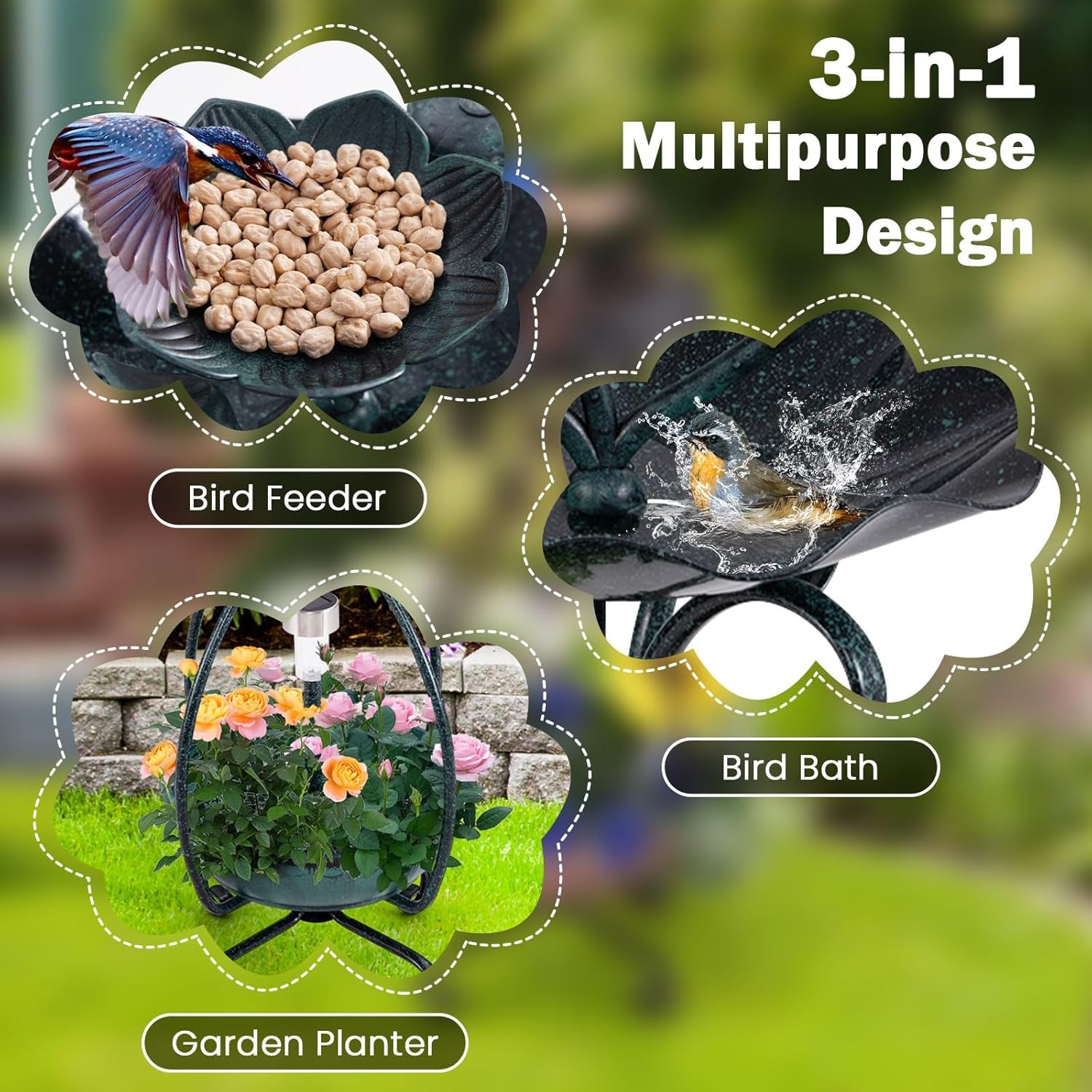 image:imageGiantex Bird Bath with Planter Solar Lighted Bird Bath for Outside with Bird Feeder Lotus Water Bowl for Bathing Flower Planter with Drainage Holes Standing Birdbath for Garden Yard BronzeGreen