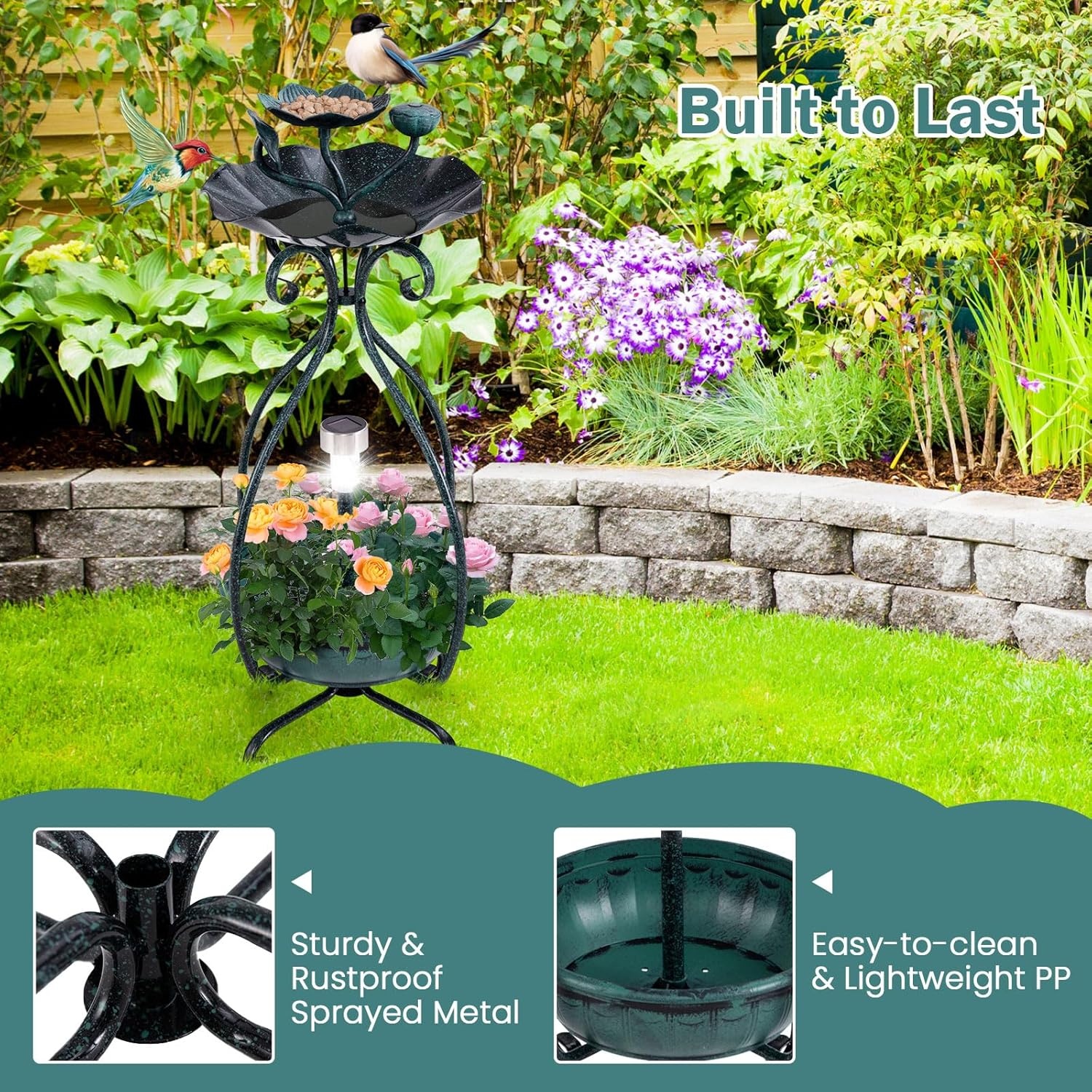 image:imageGiantex Bird Bath with Planter Solar Lighted Bird Bath for Outside with Bird Feeder Lotus Water Bowl for Bathing Flower Planter with Drainage Holes Standing Birdbath for Garden Yard BronzeGreen