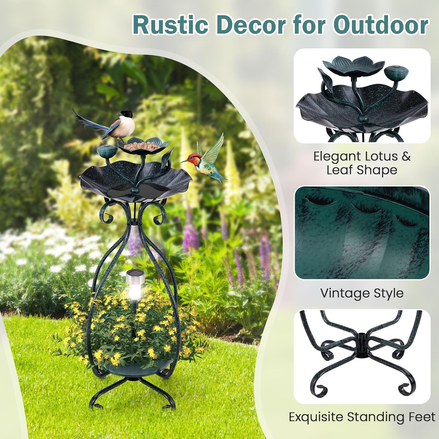 image:imageGiantex Bird Bath with Planter Solar Lighted Bird Bath for Outside with Bird Feeder Lotus Water Bowl for Bathing Flower Planter with Drainage Holes Standing Birdbath for Garden Yard BronzeGreen