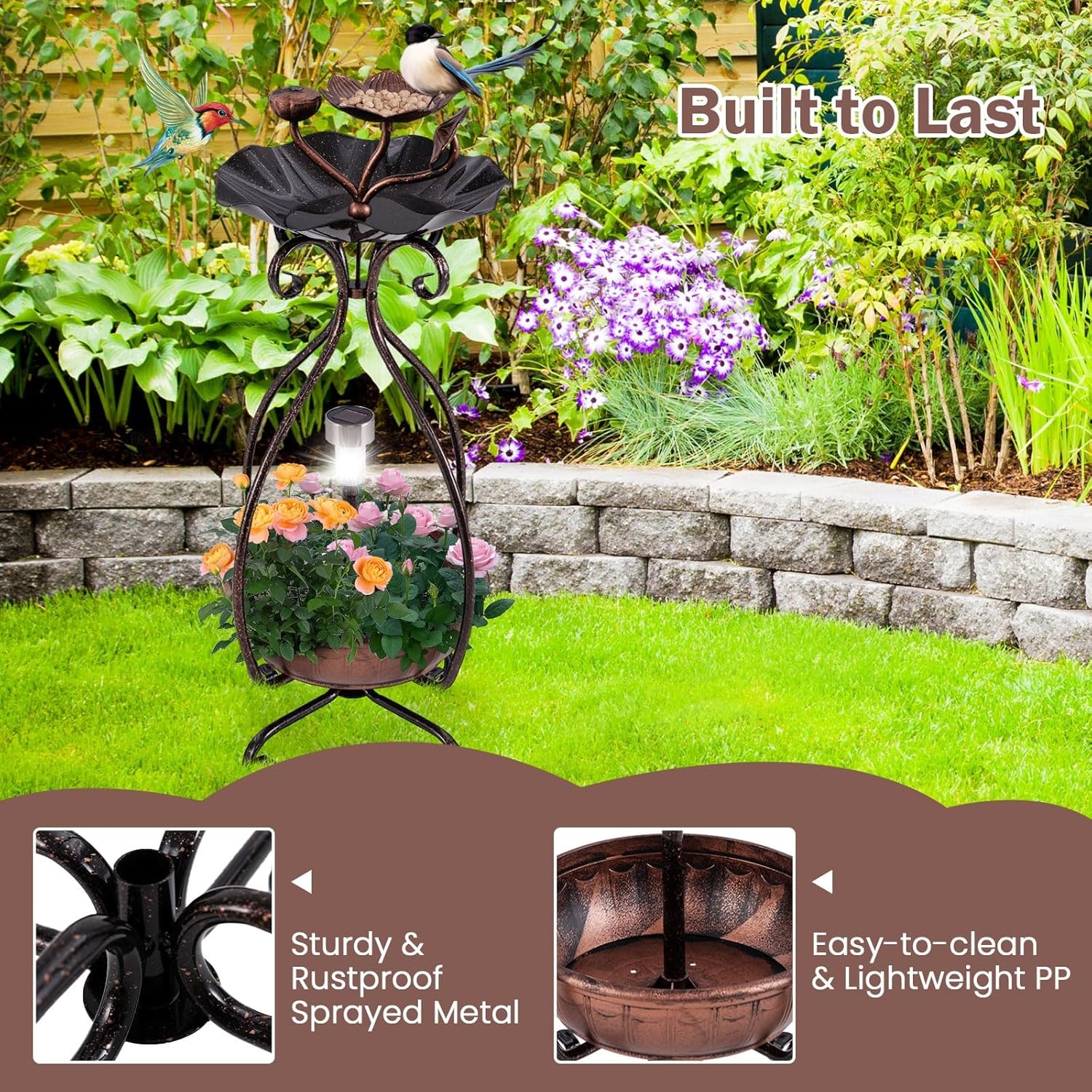 image:imageGiantex Bird Bath with Planter Solar Lighted Bird Bath for Outside with Bird Feeder Lotus Water Bowl for Bathing Flower Planter with Drainage Holes Standing Birdbath for Garden Yard BronzeBronze