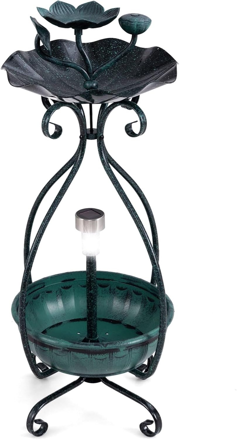 image:imageGiantex Bird Bath with Planter Solar Lighted Bird Bath for Outside with Bird Feeder Lotus Water Bowl for Bathing Flower Planter with Drainage Holes Standing Birdbath for Garden Yard BronzeGreen