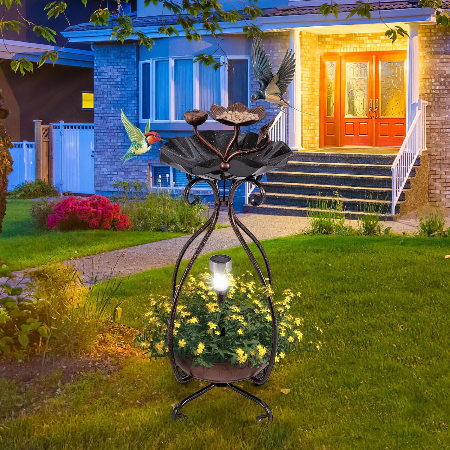 image:imageGiantex Bird Bath with Planter Solar Lighted Bird Bath for Outside with Bird Feeder Lotus Water Bowl for Bathing Flower Planter with Drainage Holes Standing Birdbath for Garden Yard BronzeBronze