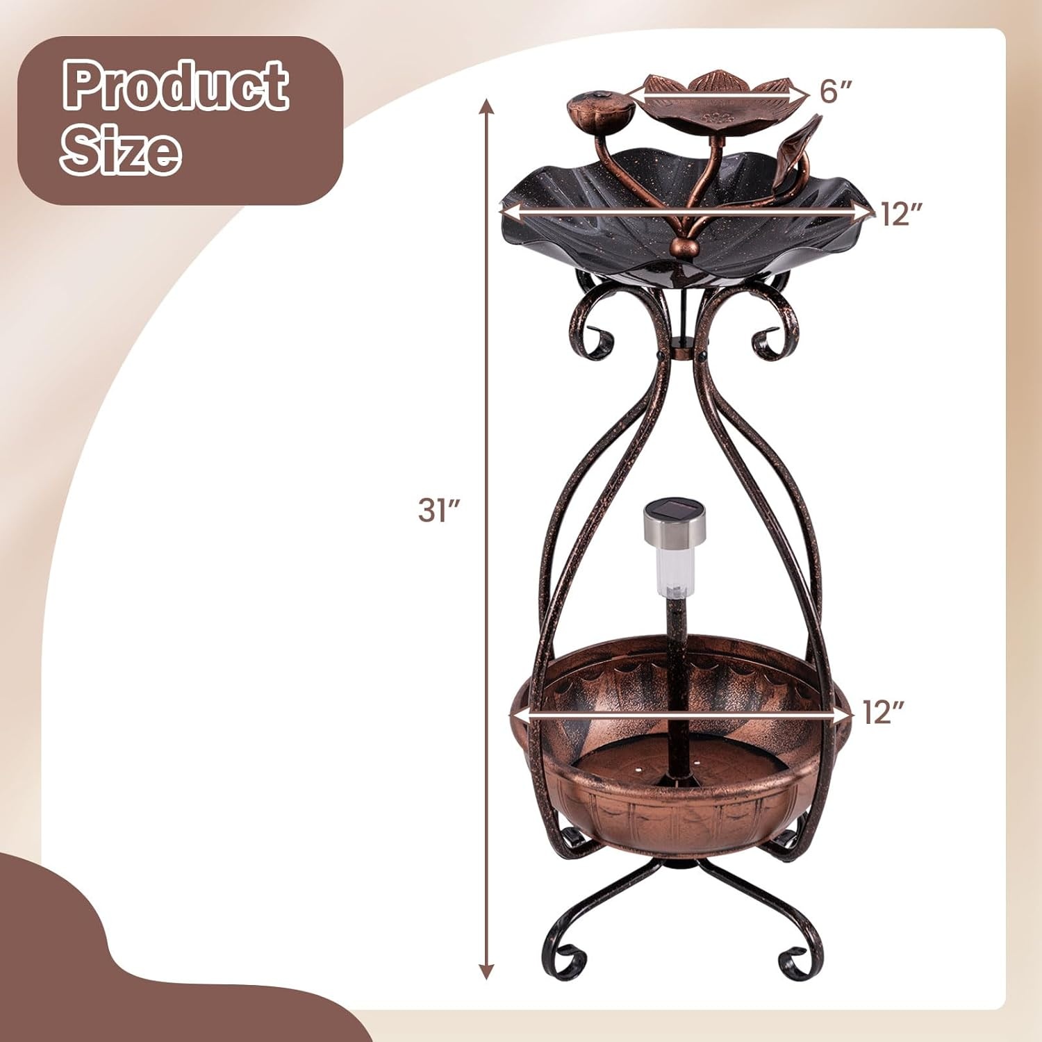 image:imageGiantex Bird Bath with Planter Solar Lighted Bird Bath for Outside with Bird Feeder Lotus Water Bowl for Bathing Flower Planter with Drainage Holes Standing Birdbath for Garden Yard BronzeBronze