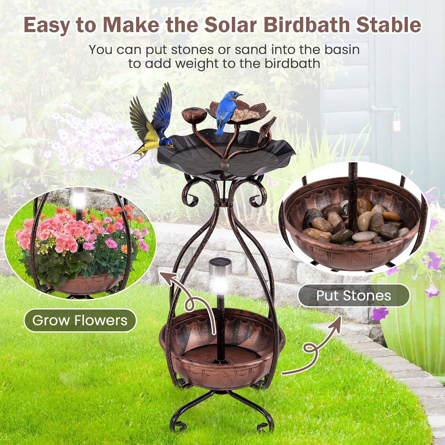 image:imageGiantex Bird Bath with Planter Solar Lighted Bird Bath for Outside with Bird Feeder Lotus Water Bowl for Bathing Flower Planter with Drainage Holes Standing Birdbath for Garden Yard BronzeBronze